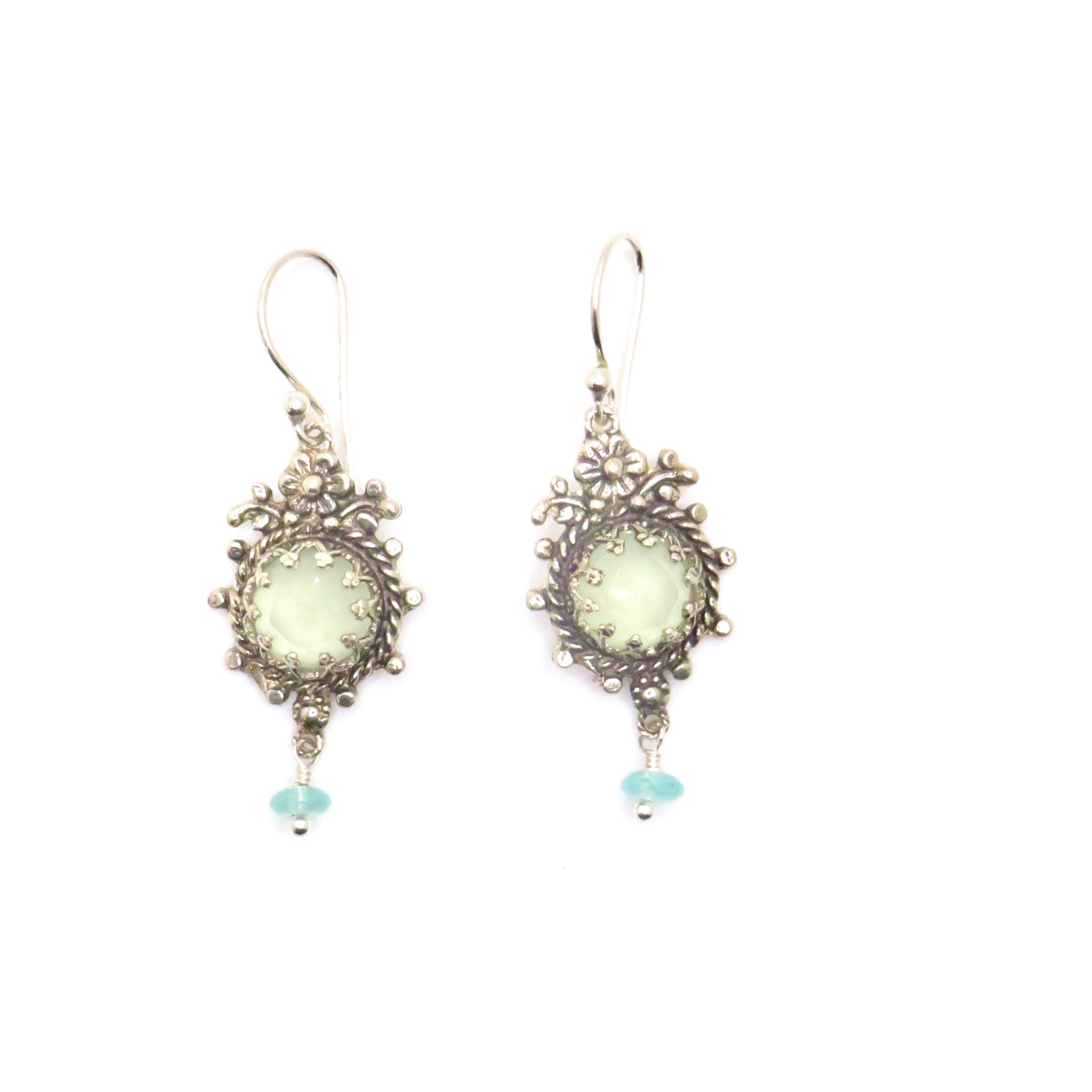Aqua Chalcedony and Sterling Silver Filigree Daisy Earrings
