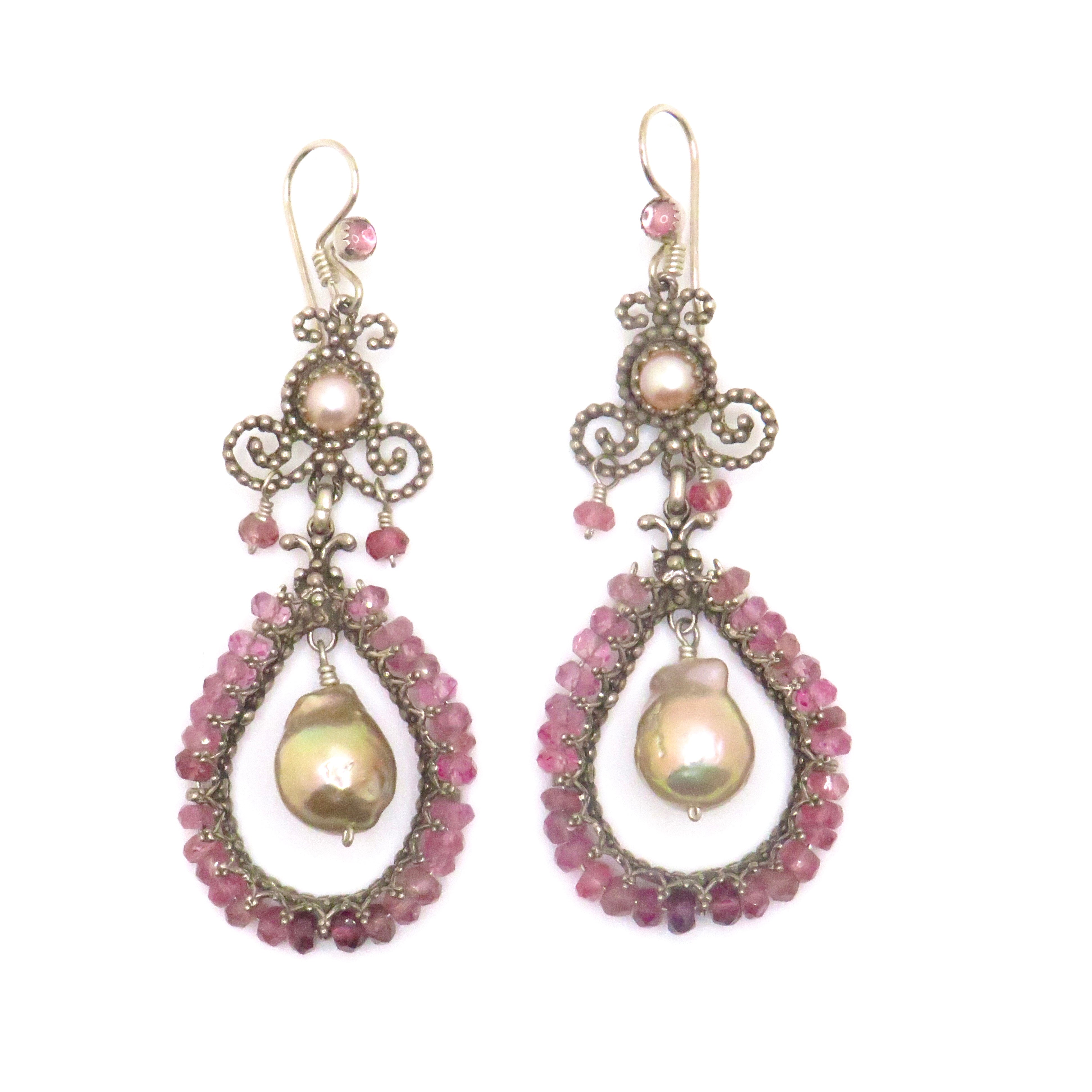 Pearl and Pink Tourmaline Halo Sterling Silver Filigree Dangle Earrings