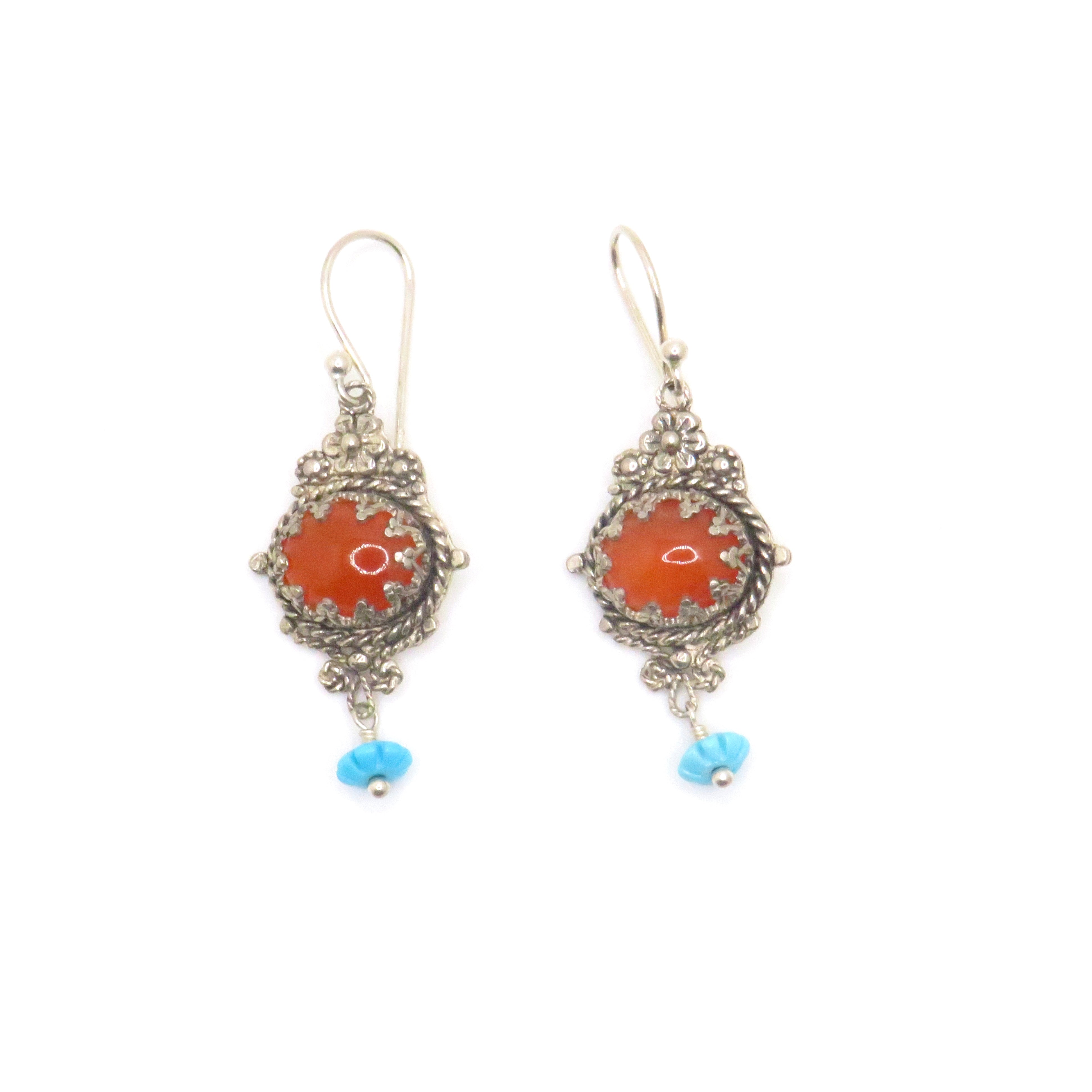 red gemstone drop earrings with turquoise bead