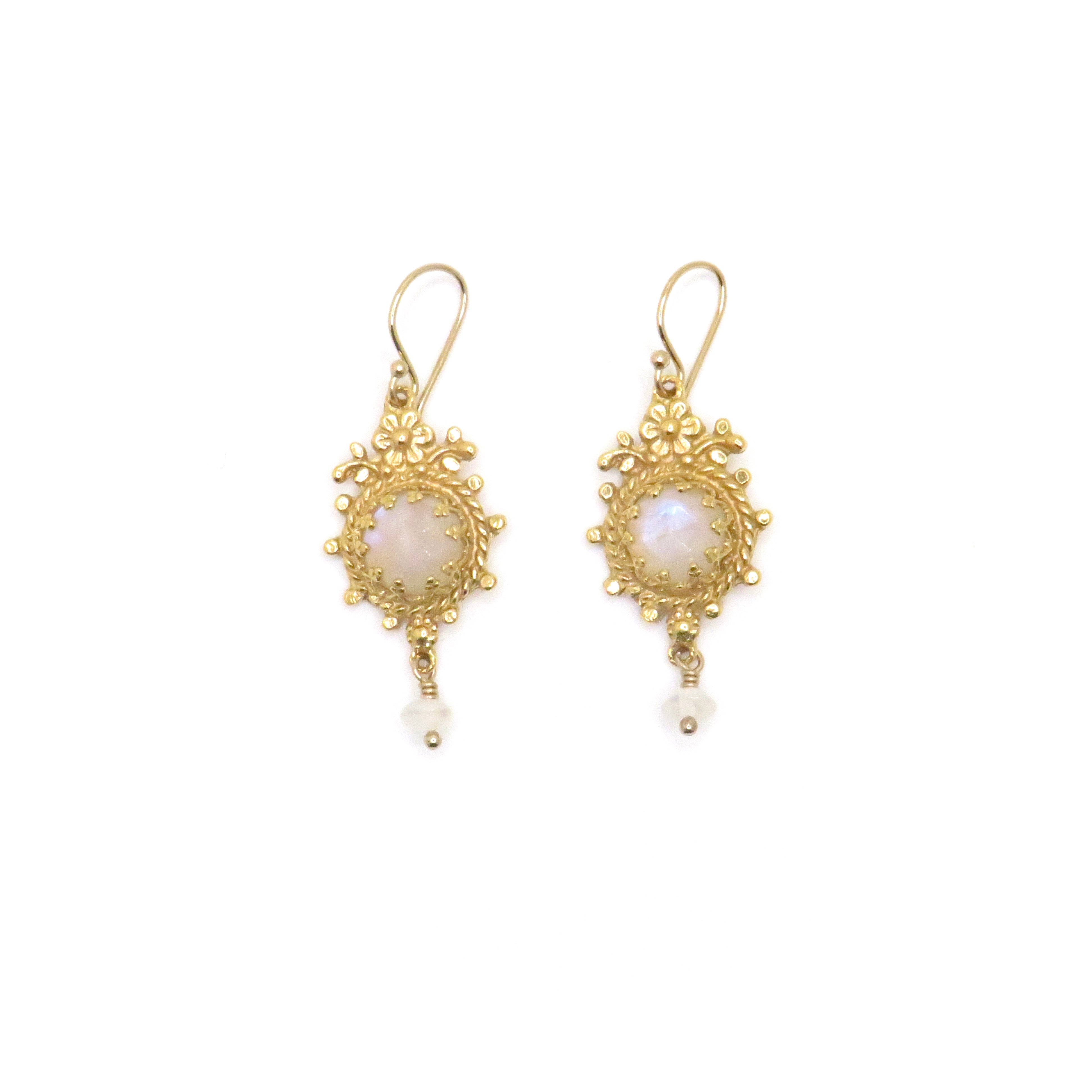 gold drop earrings with white gemstone and bead