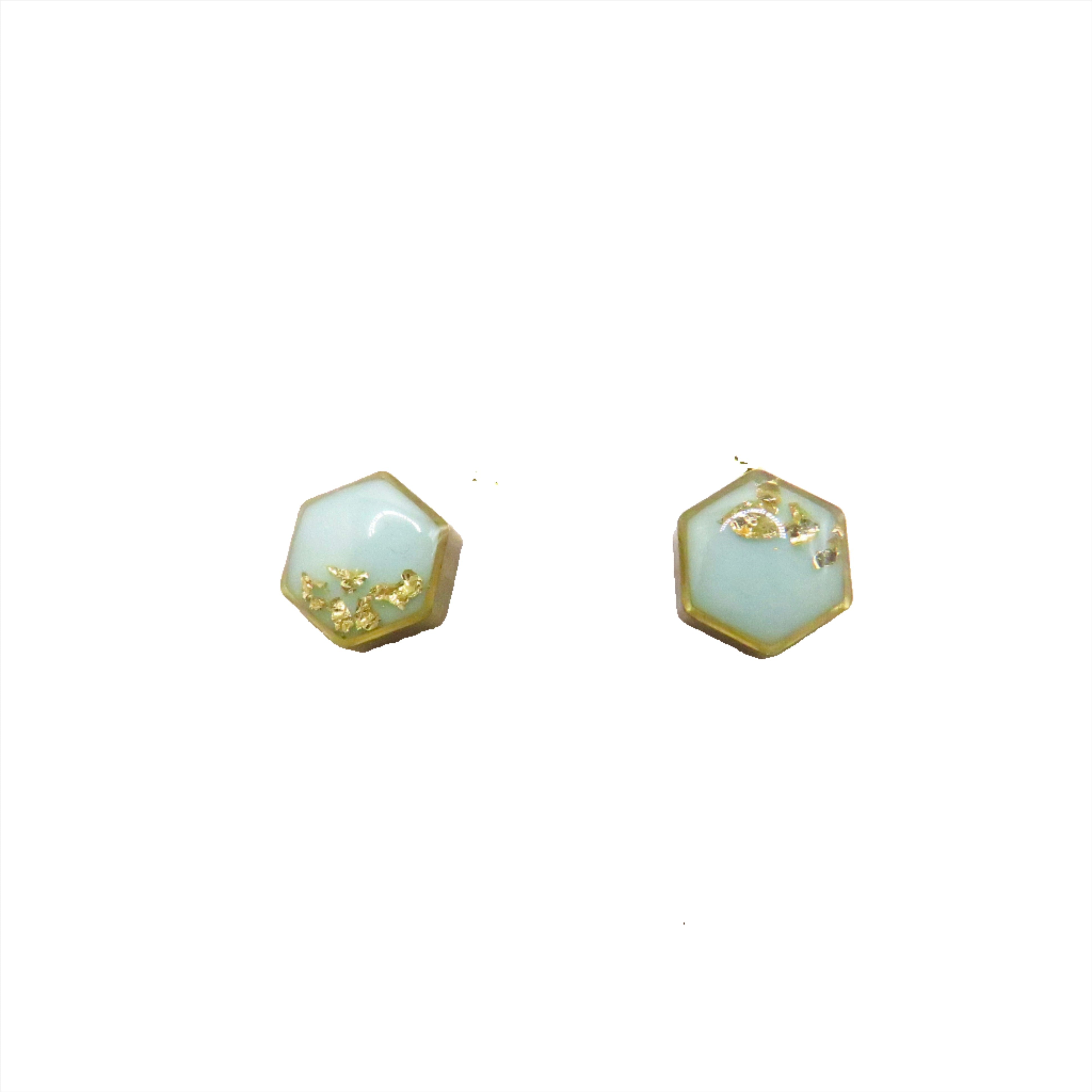 Gold Leaf Accented Hexagon Stud Earrings