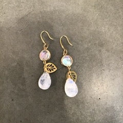 Moonstone Drop, Opalite, and Metal Leaf Earrings