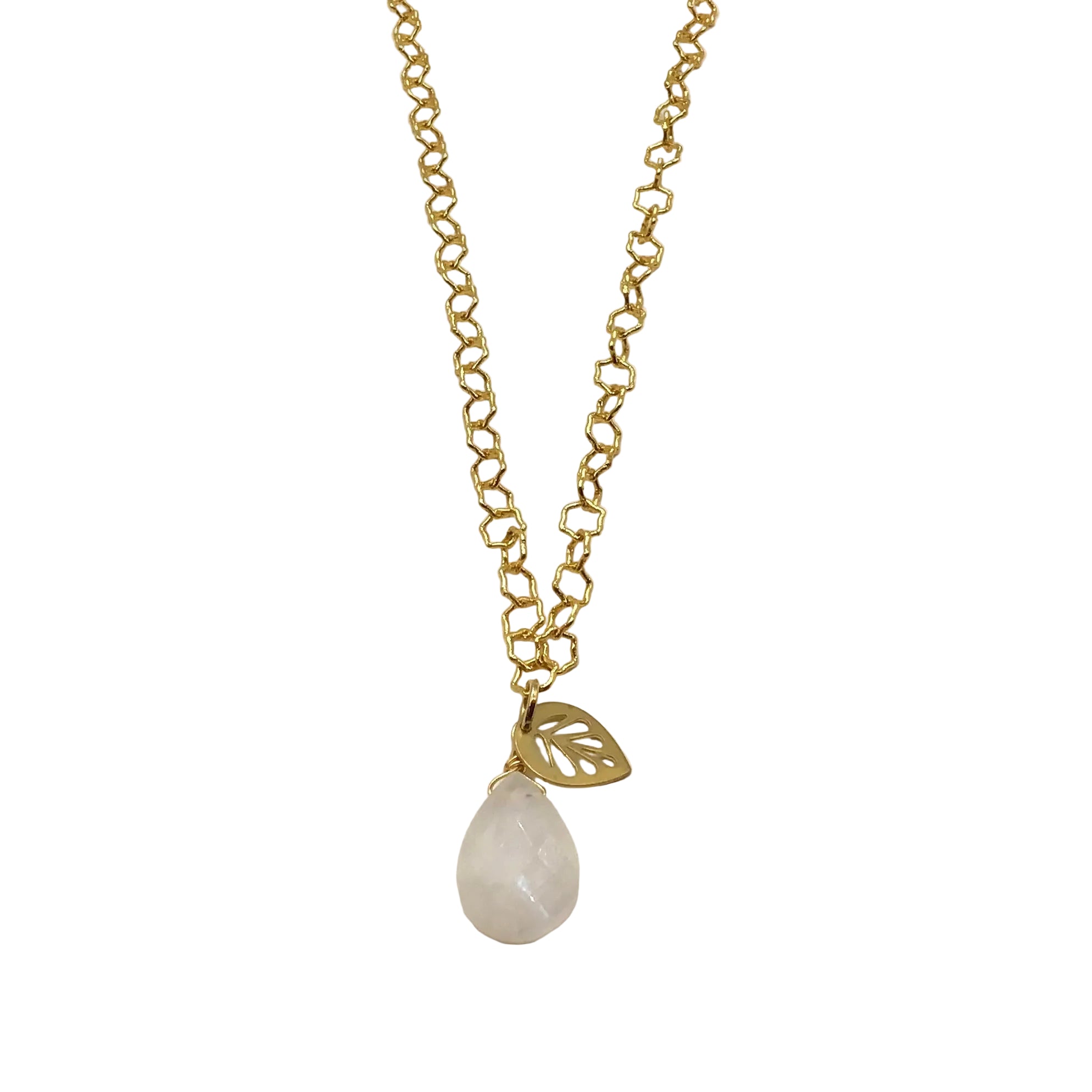 Moonstone Drop Metal Leaf Necklace