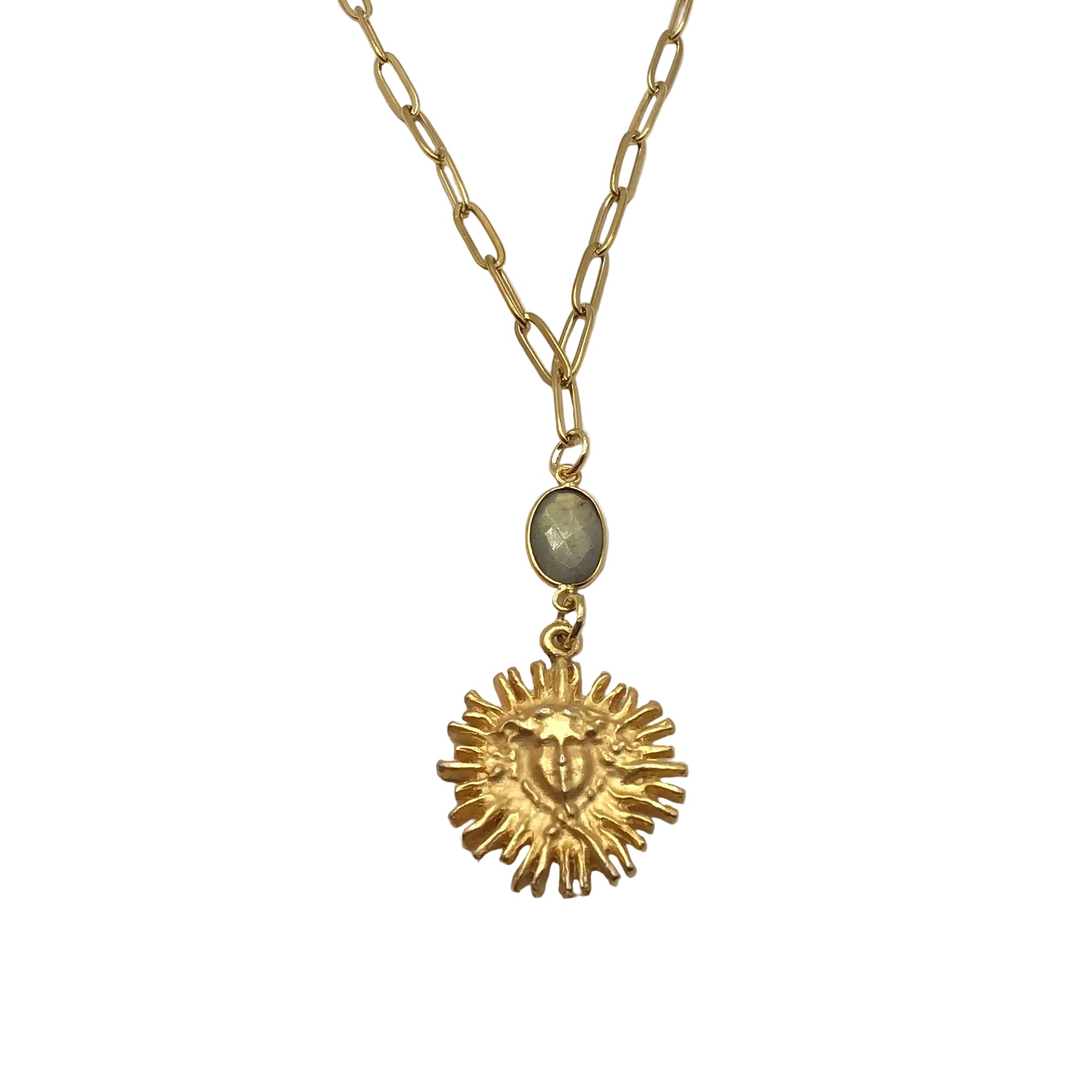 Green Amethyst Versace Sun Paperclip Chain Necklace