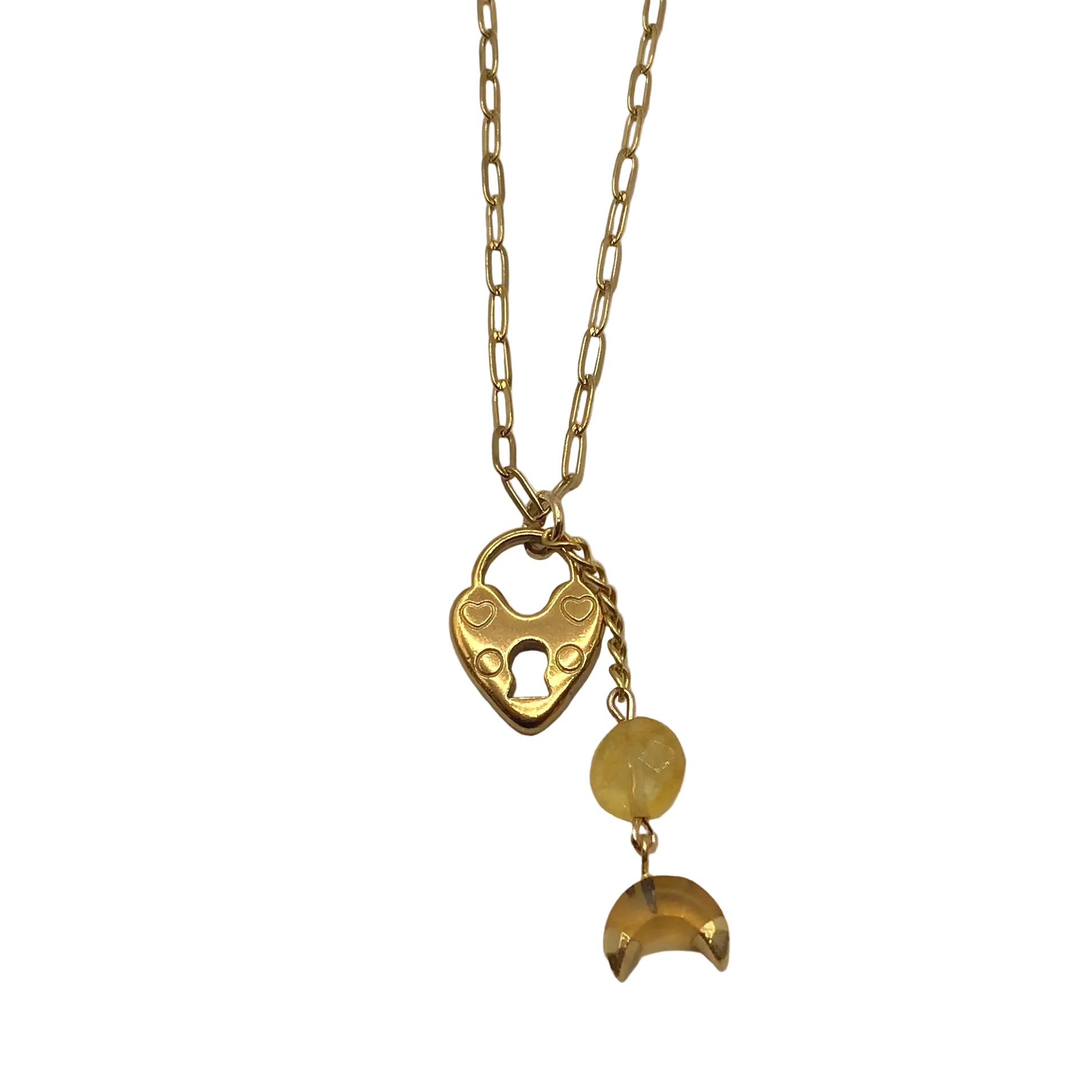 Fine Paperclip Heart Chain with Round and Small Moon Citrines Necklace