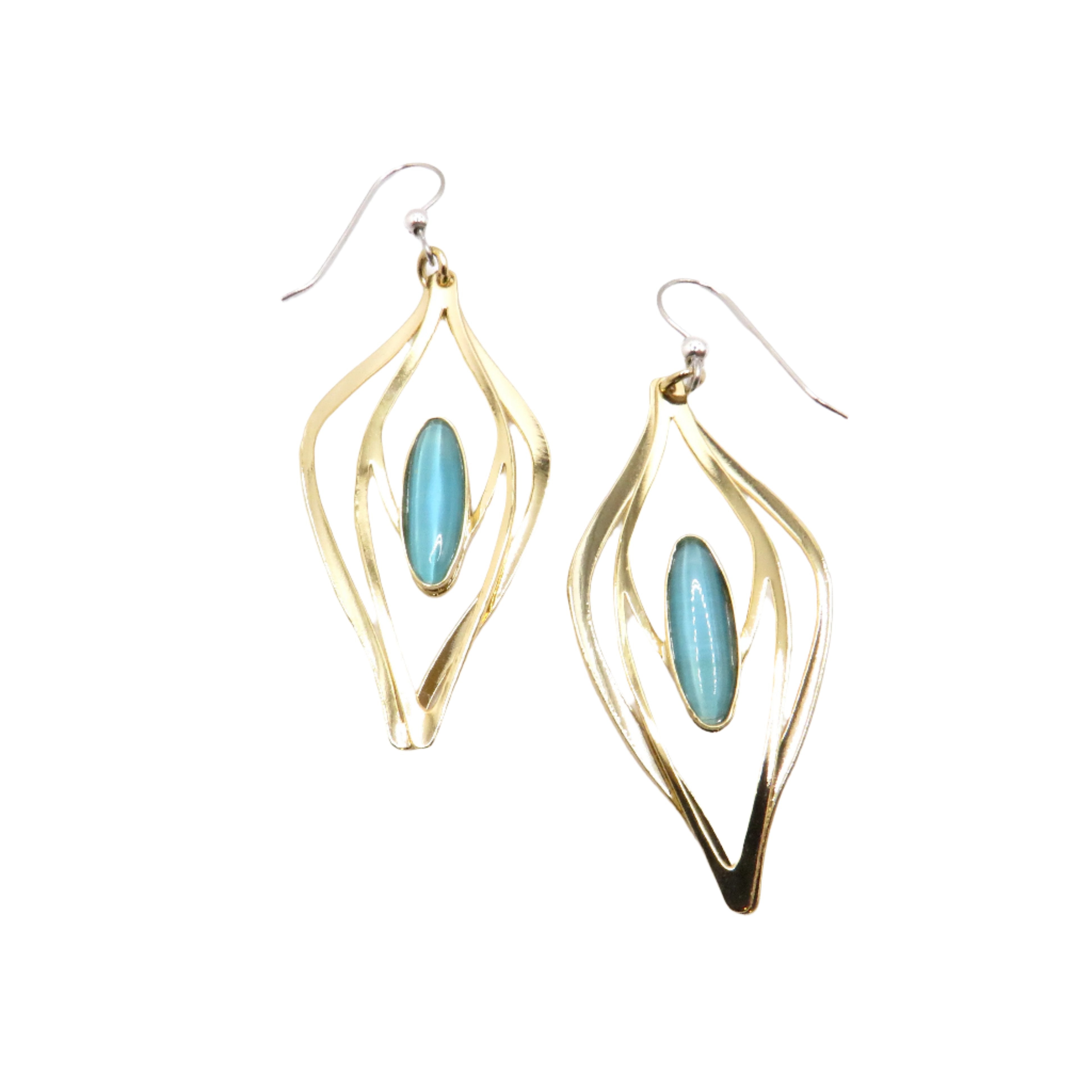 gold drop earrings with blue glass