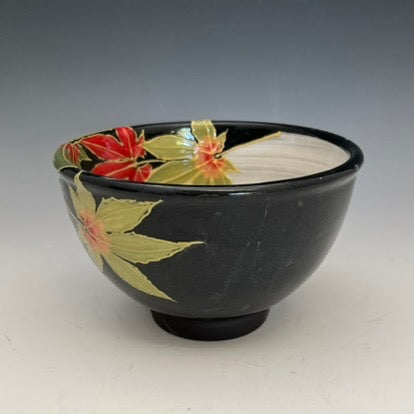 Japanese style clay bowls with painted fall leaves