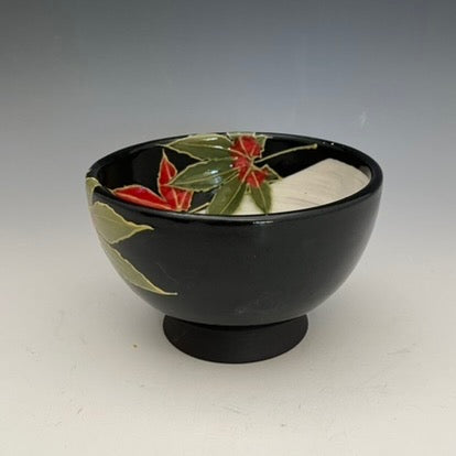 Japanese style clay bowls with painted leaves