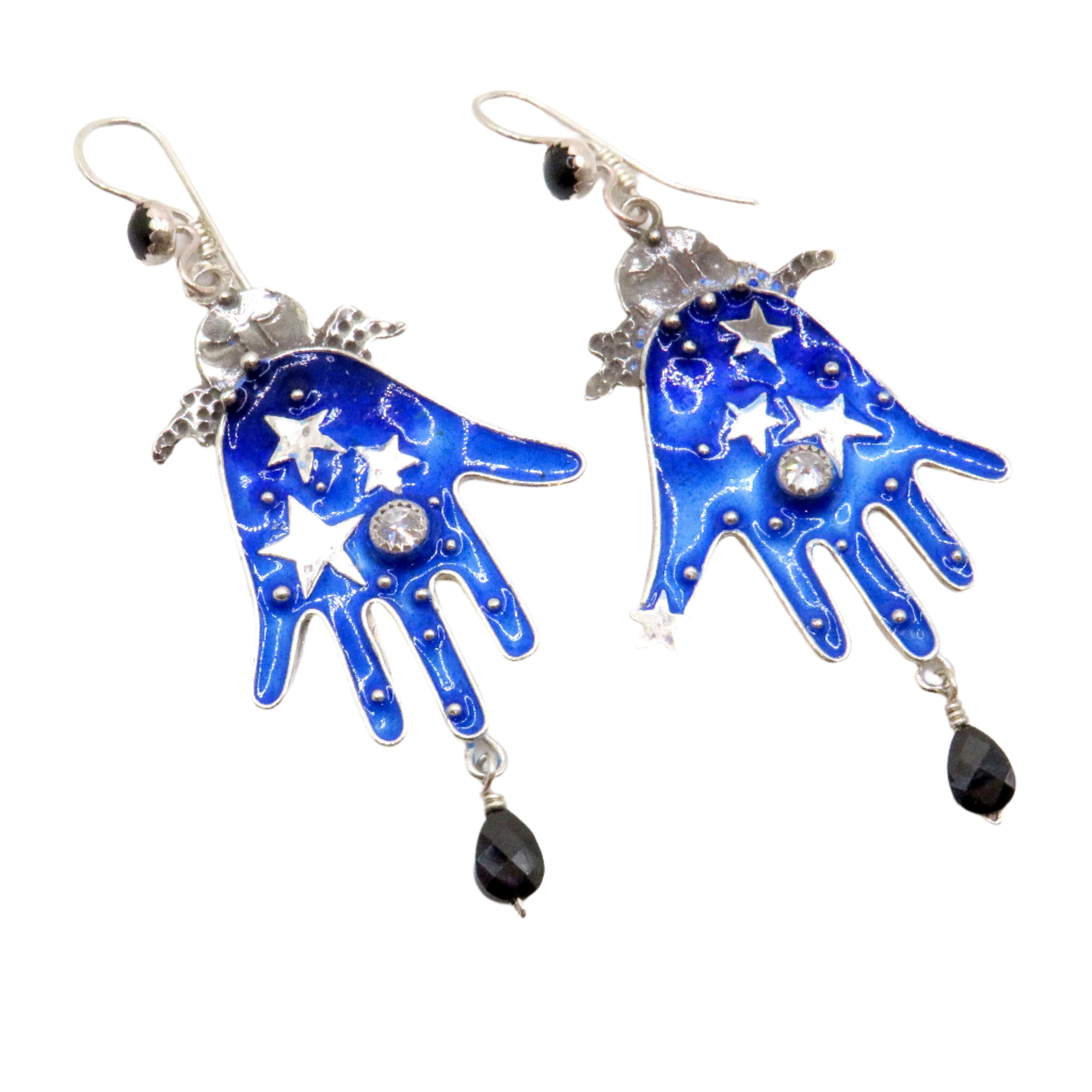 gemstone and enameled hand with stars drop earrings