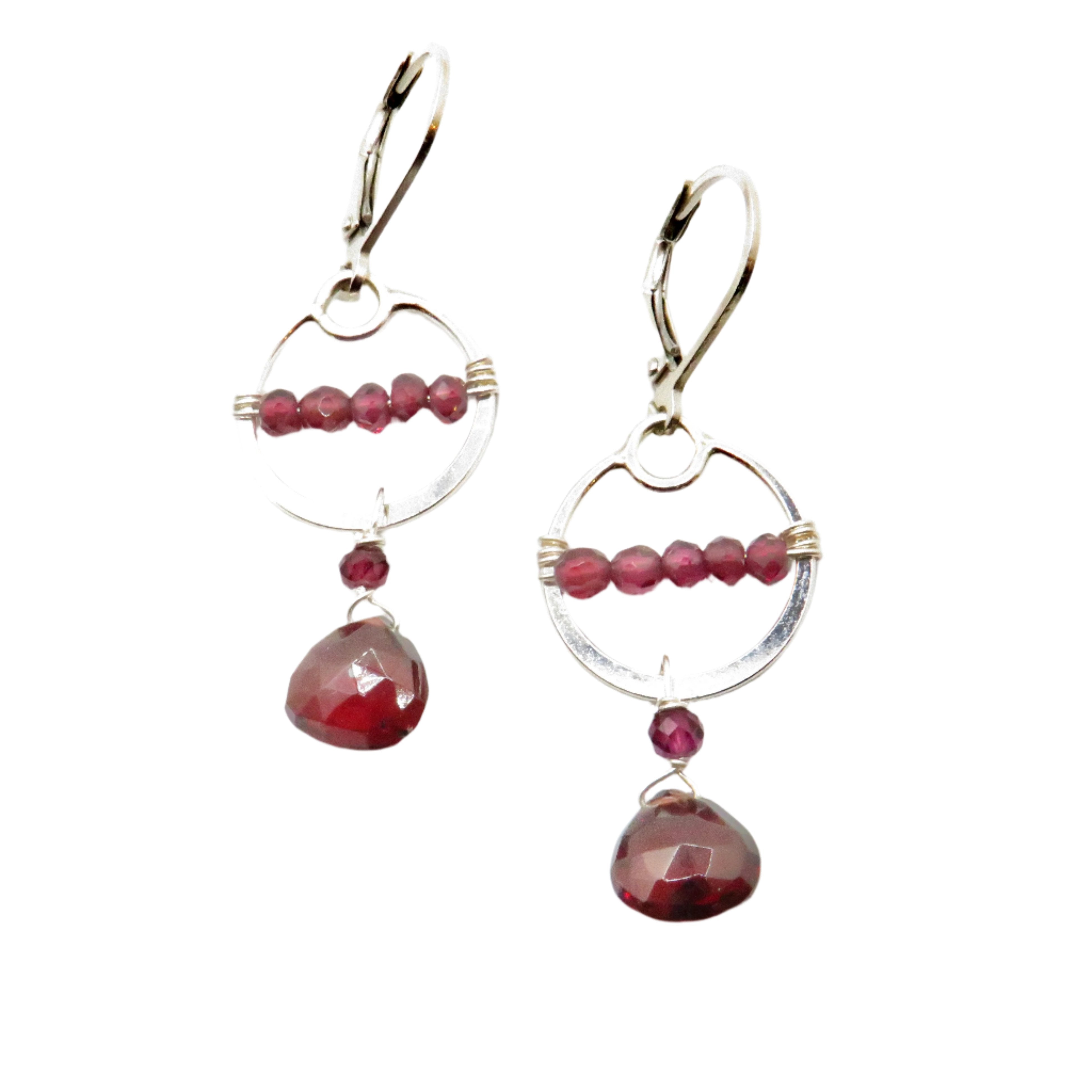 Silver Circle Garnet Drop Earrings