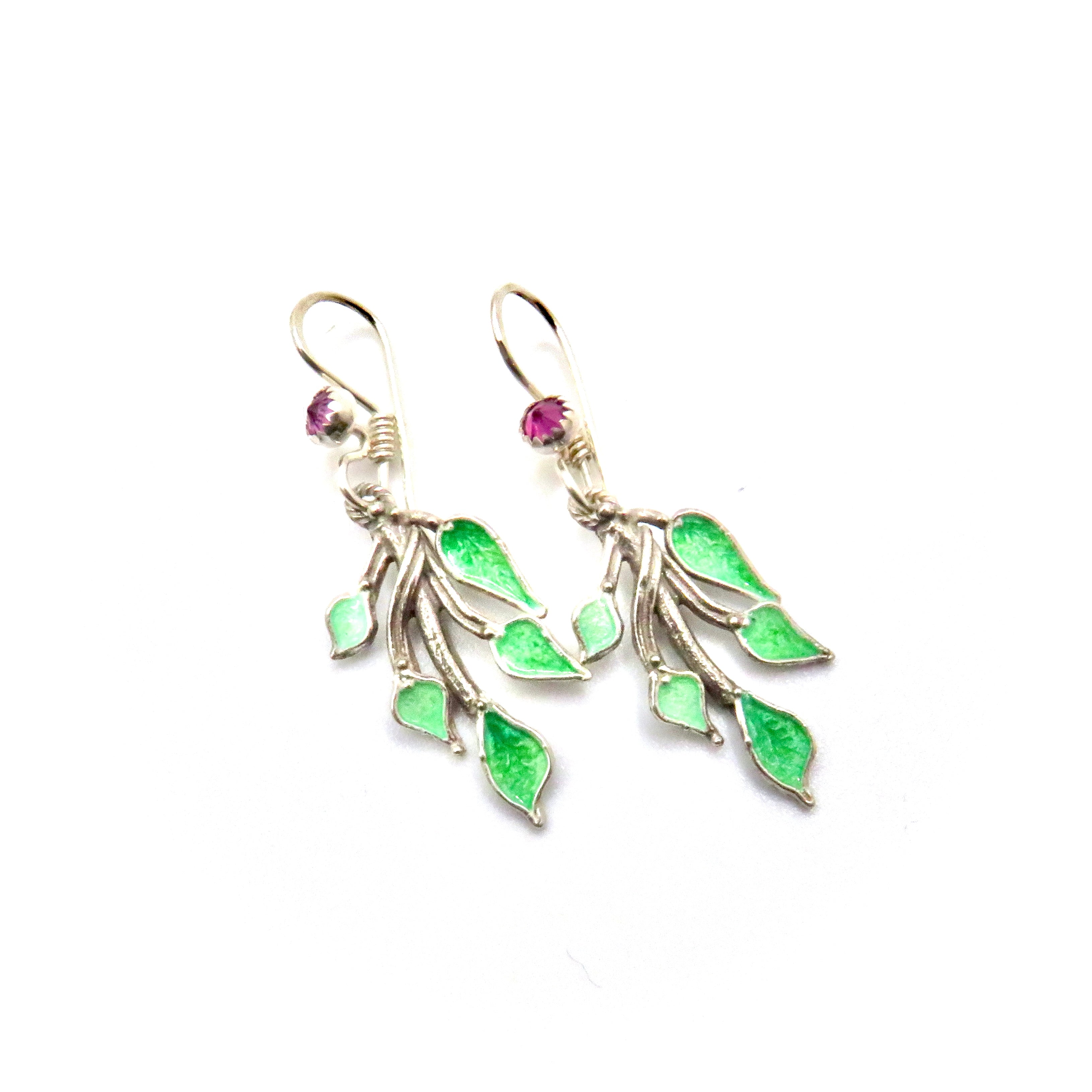 Enamel Leaves and Garnet Earrings