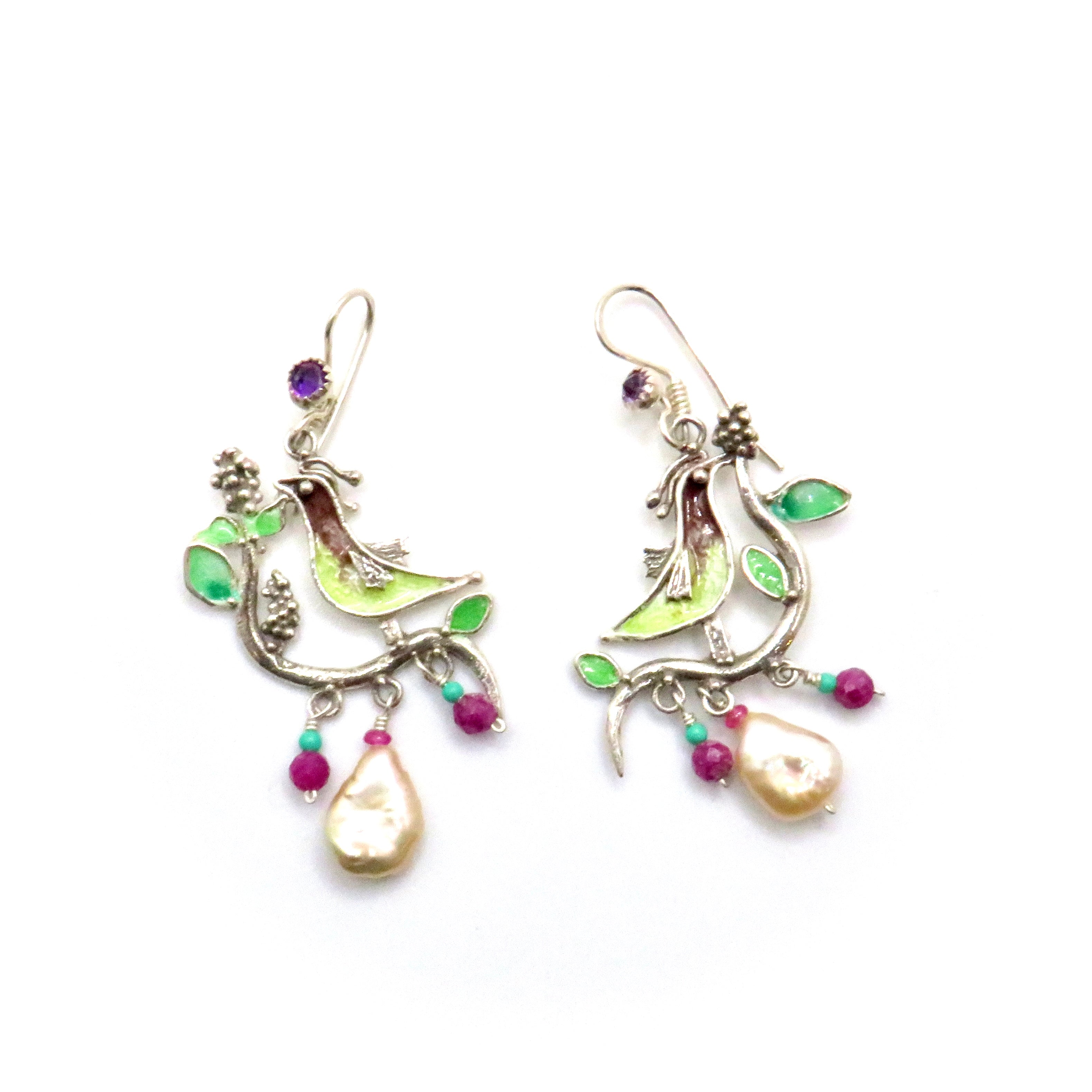 Pearl, Ruby, and Amethyst Enamel Bird Earrings