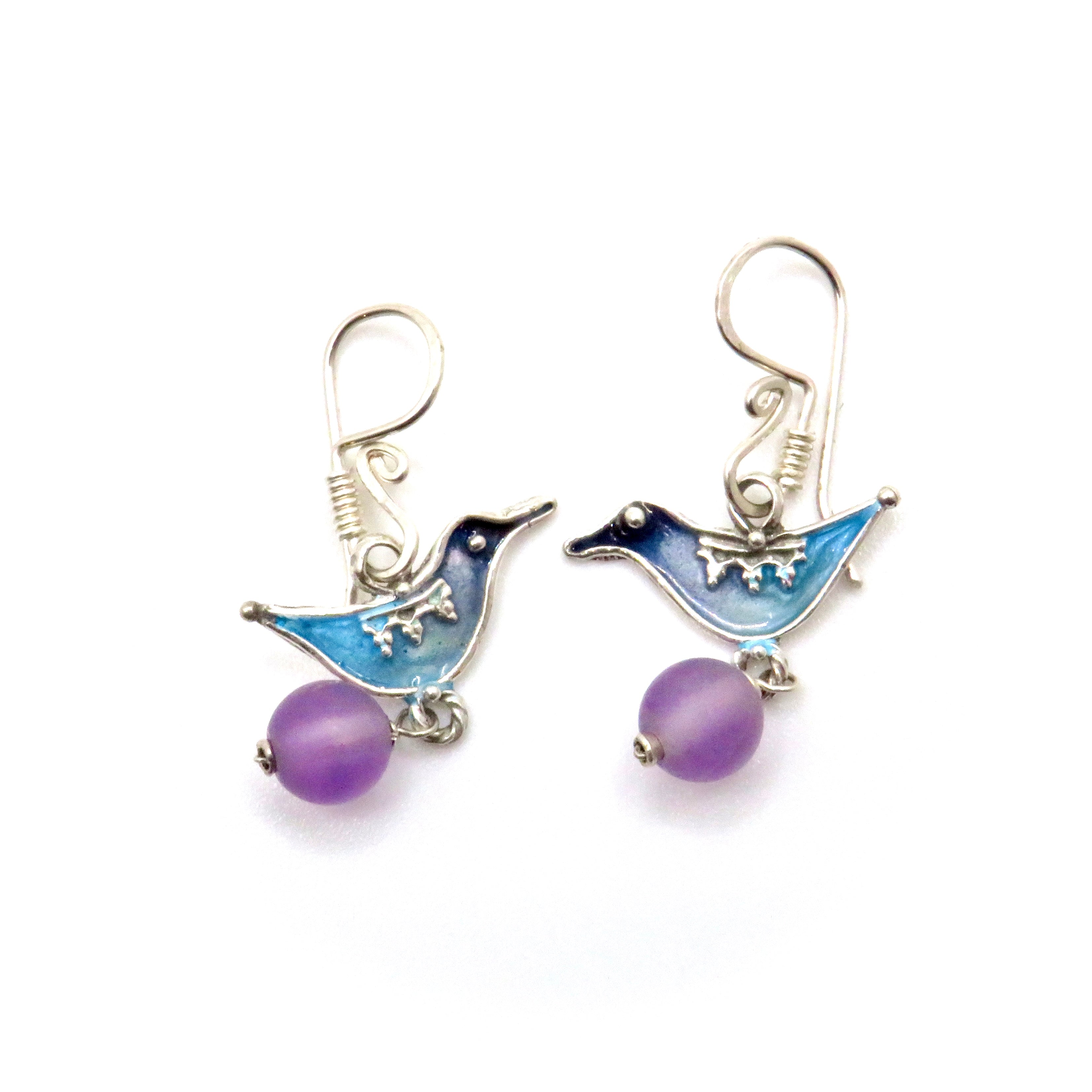 Amethyst and Blue Enamel Bird Earrings