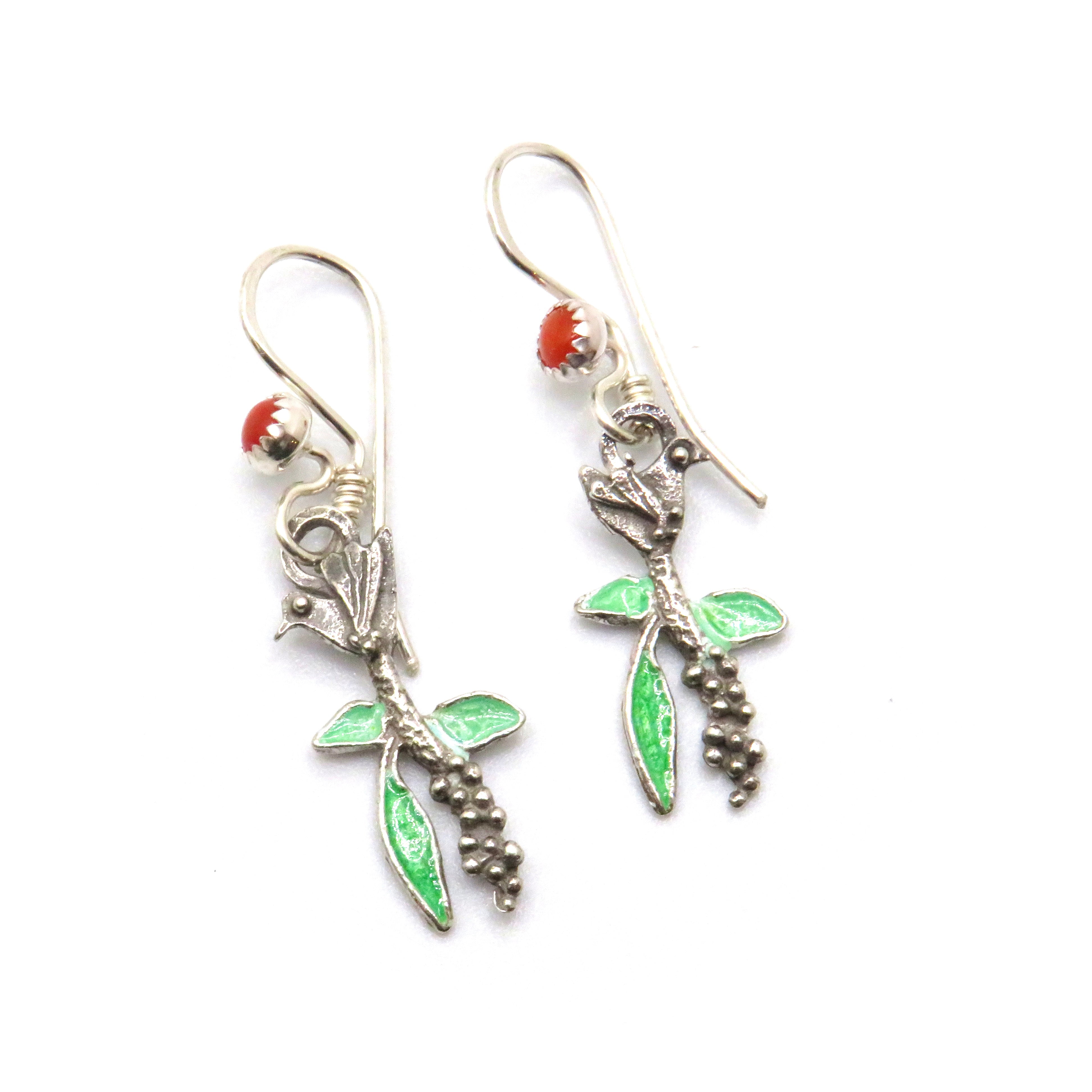 Coral and Green Enamel Leaves Earrings