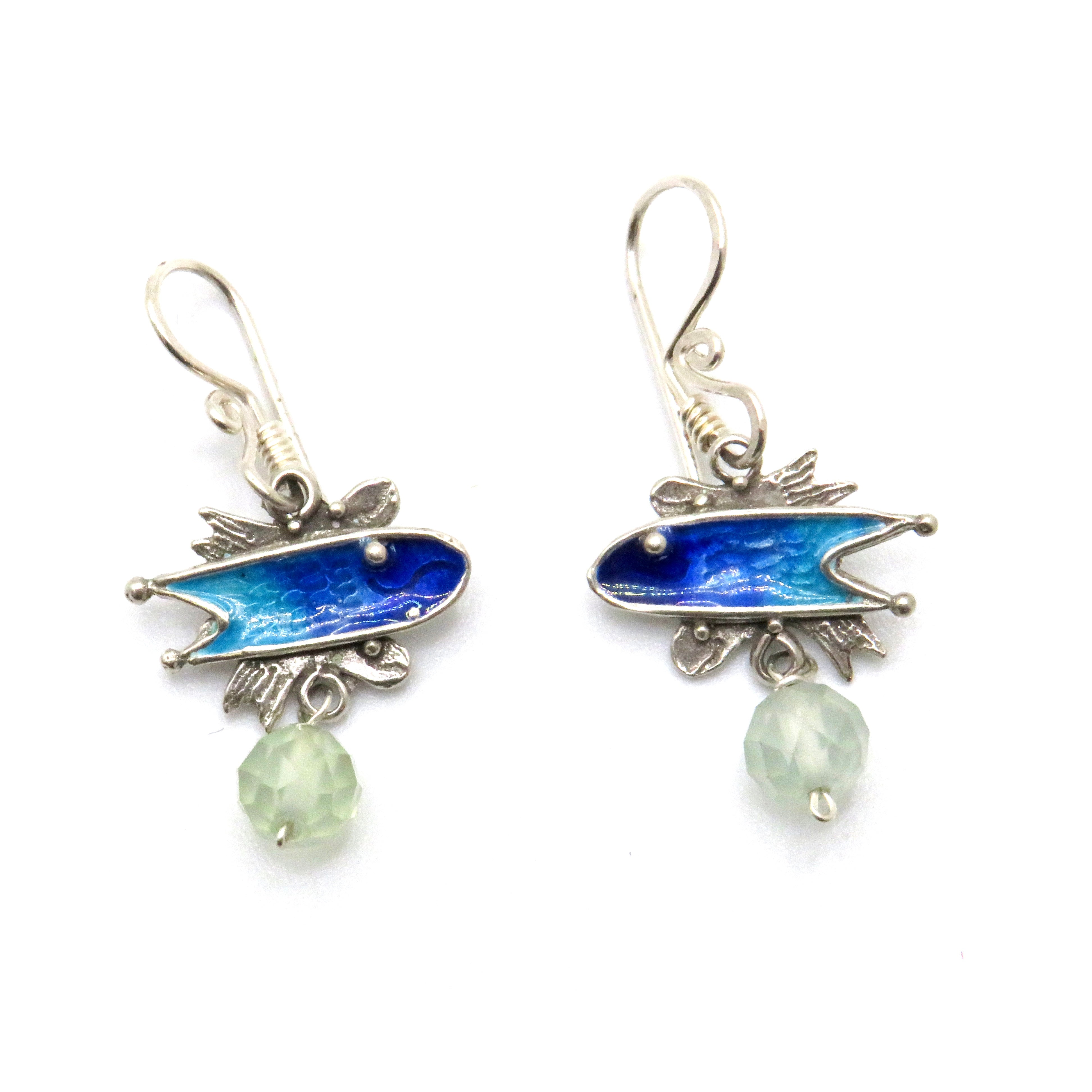 Aquamarine and Blue Enamel Fish Earrings