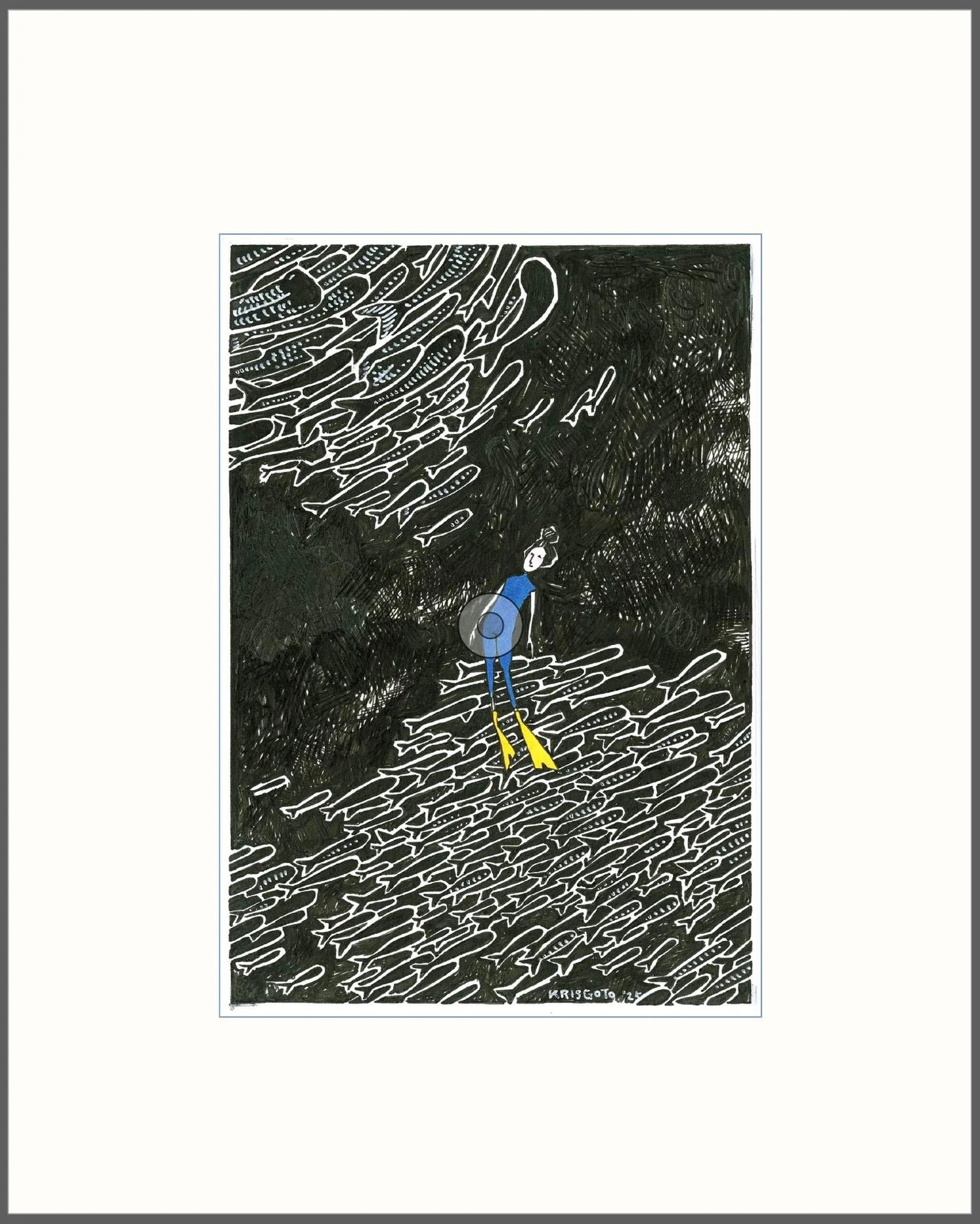 Art print titled 'Hitori' by Kris Goto, featuring a diver amidst abstract swirling patterns, symbolizing moments of misalignment in nature and personal readiness, part of 'The Off Season Study' in the Season series.