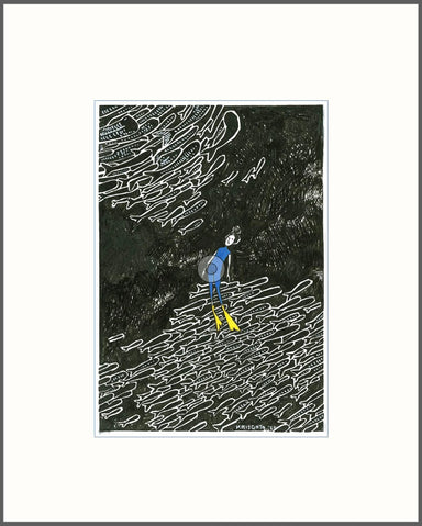 Art print titled 'Hitori' by Kris Goto, featuring a diver amidst abstract swirling patterns, symbolizing moments of misalignment in nature and personal readiness, part of 'The Off Season Study' in the Season series.