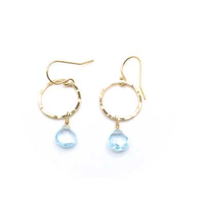 blue stone hammered hoop gold earrings