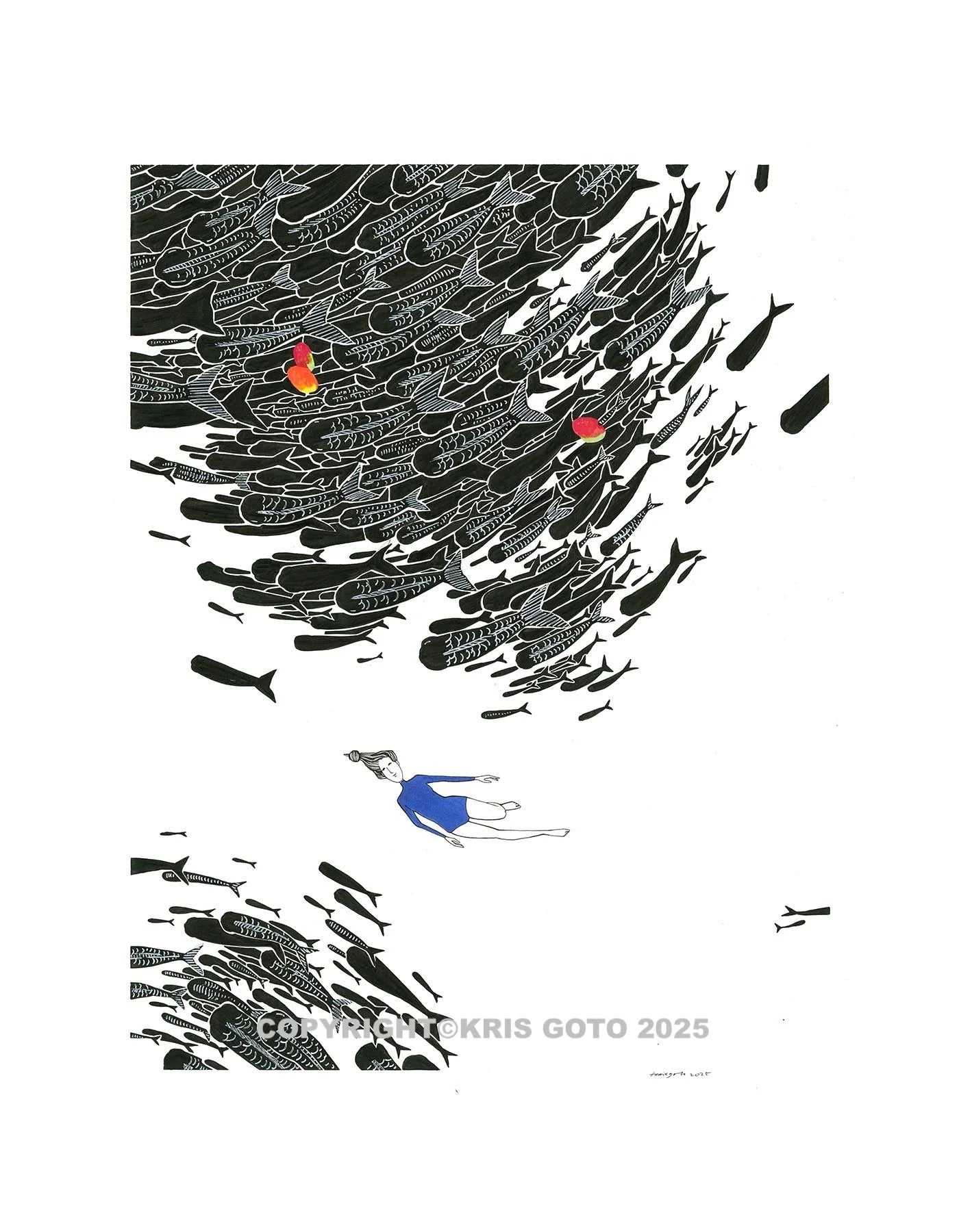 Art print titled 'Nakama' by Kris Goto, depicting a solitary figure in blue swimming amid a swirling mass of black fish, symbolizing connection and life's ripeness, measuring 16x20 inches.