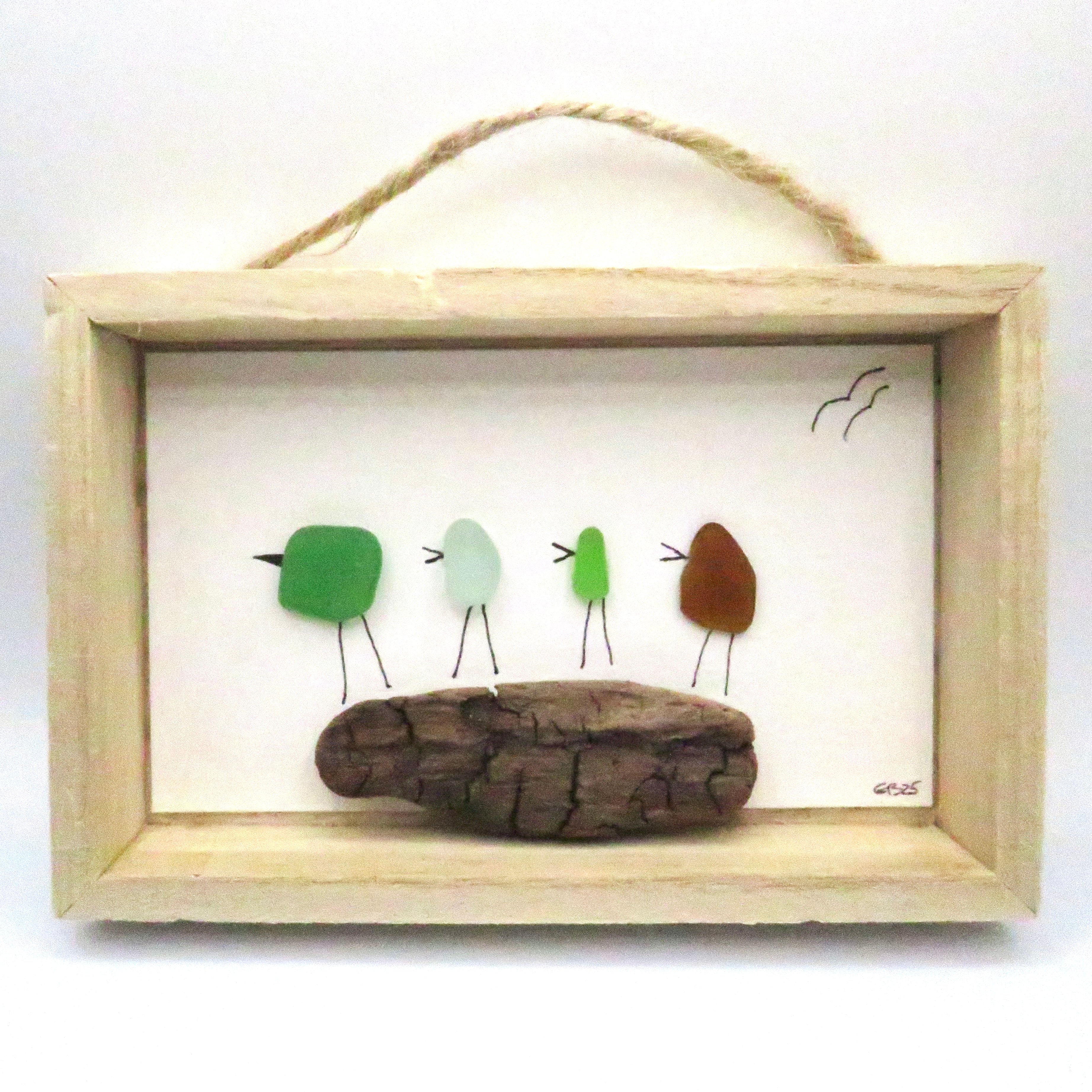 Seaglass painted birds in a wood frame