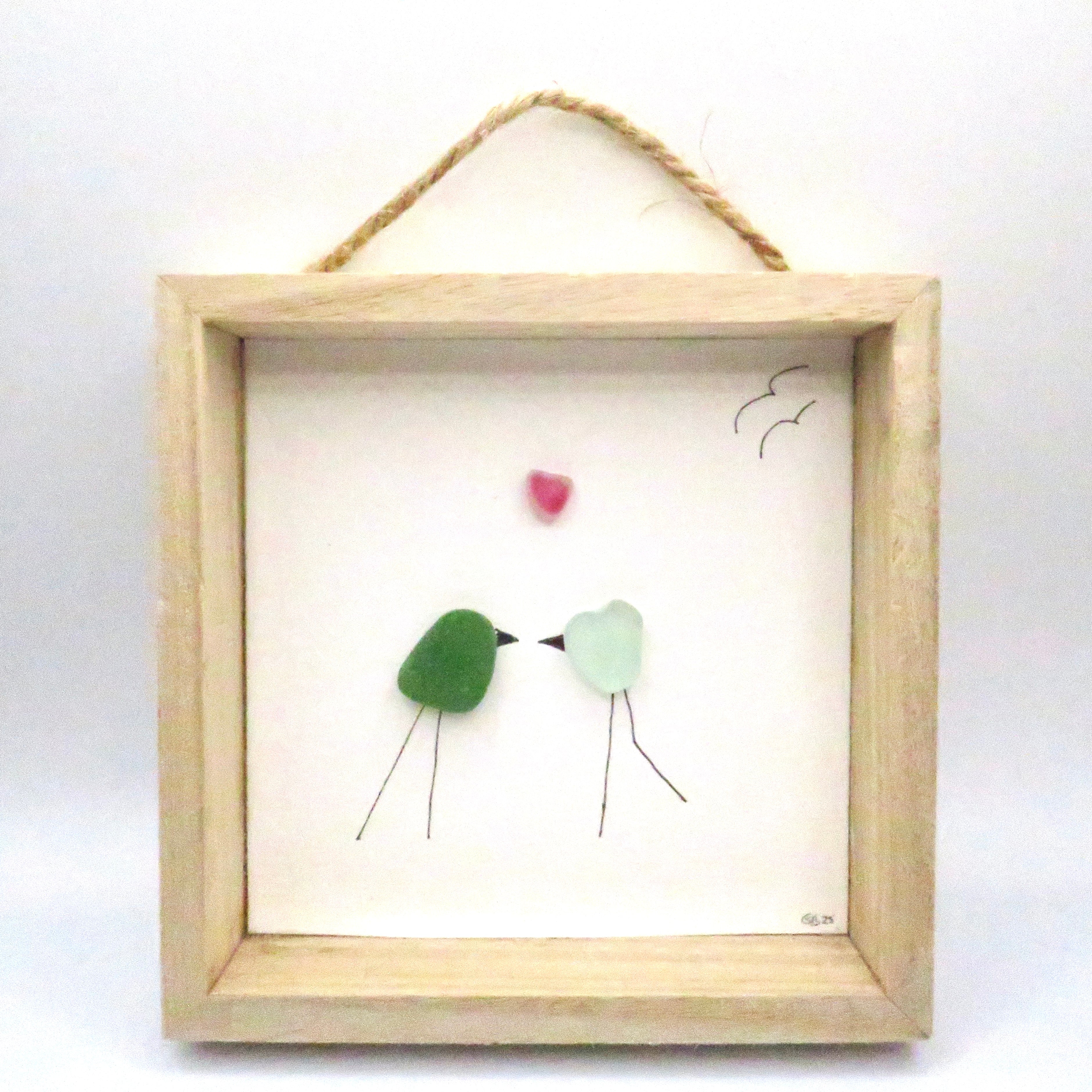 Seaglass painted birds in a wood frame