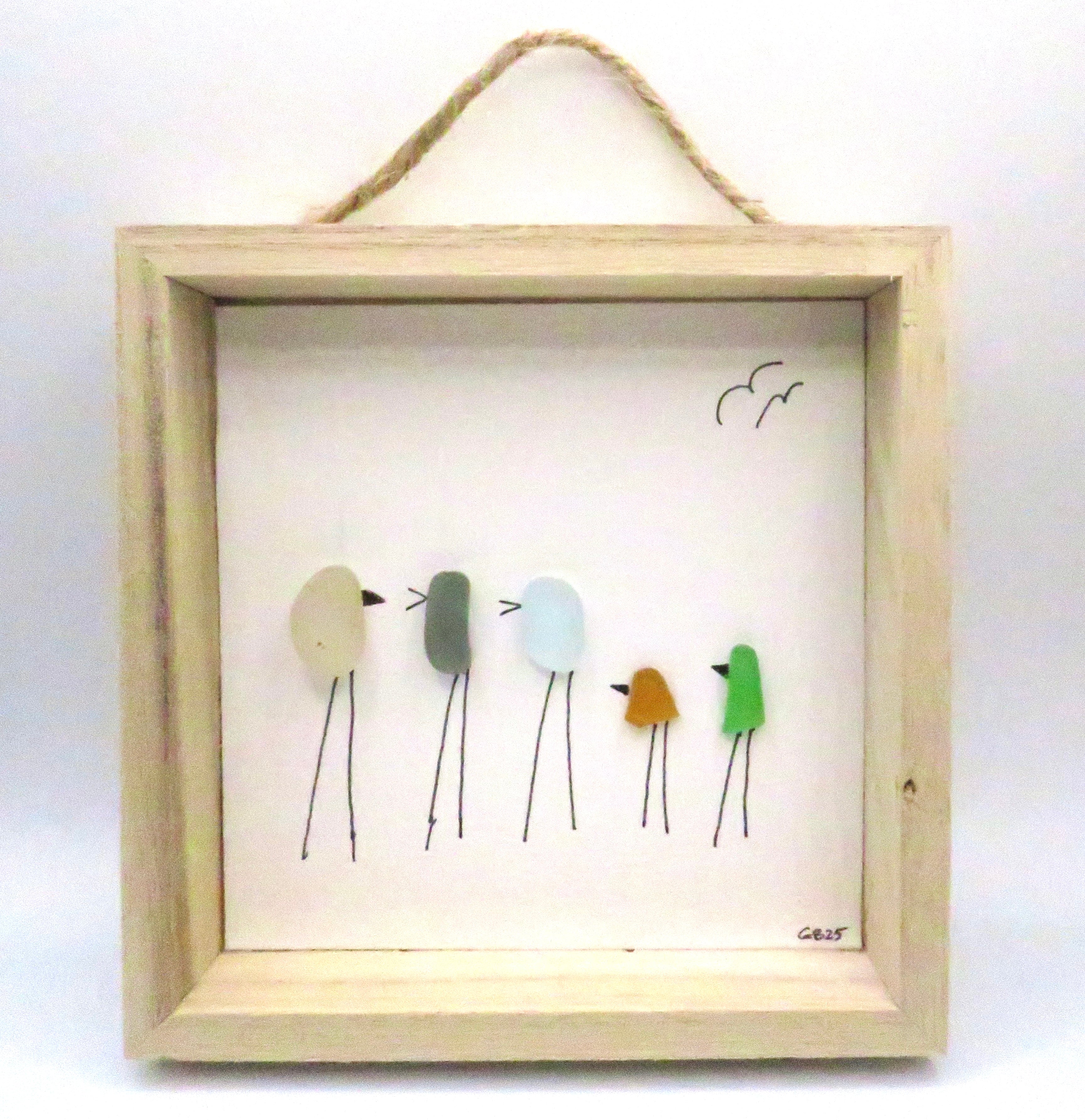 Seaglass painted birds in a wood frame
