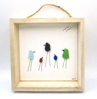 Seaglass painted birds in a wood frame
