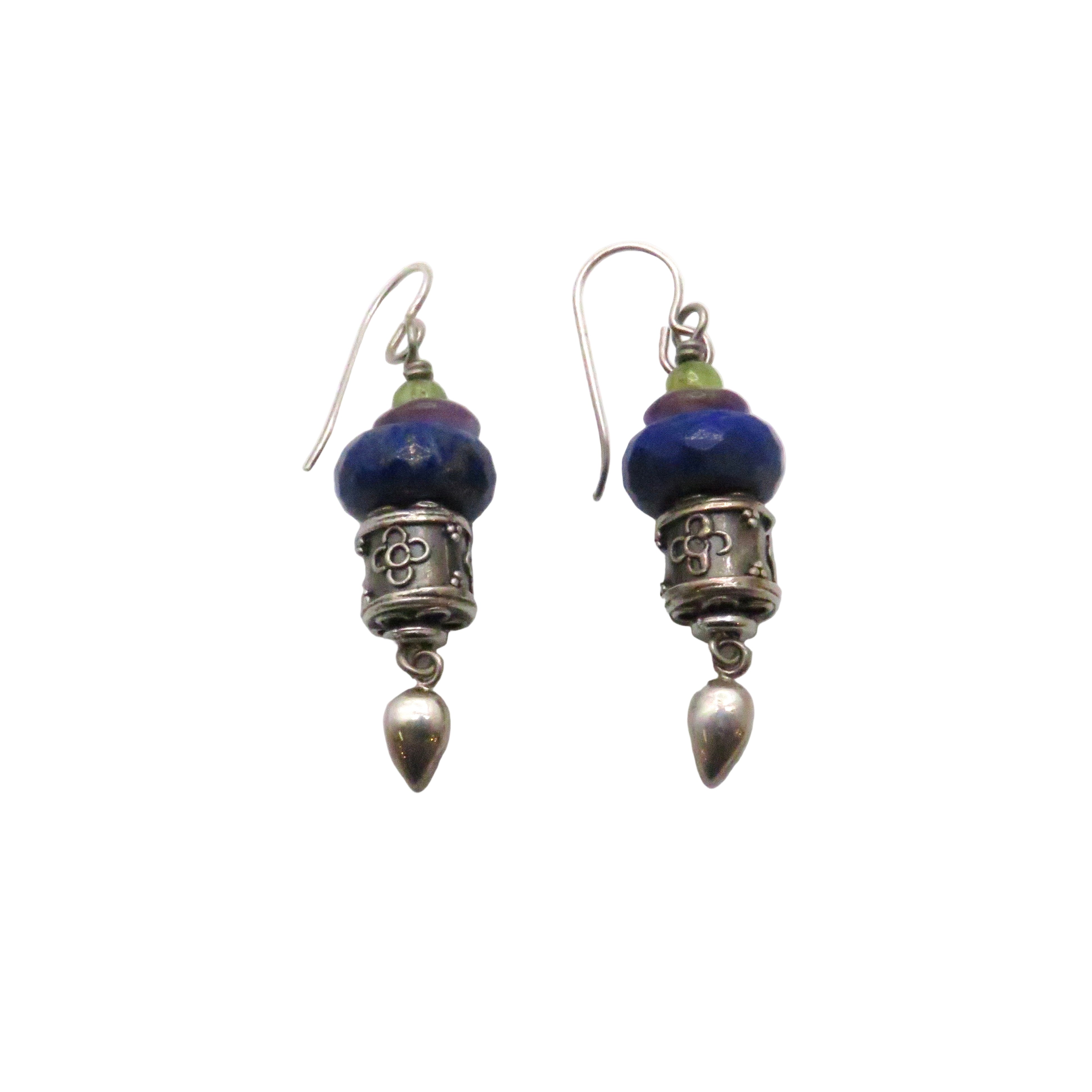 Lapis, Peridot, and Amethyst Silver Dangle Earrings