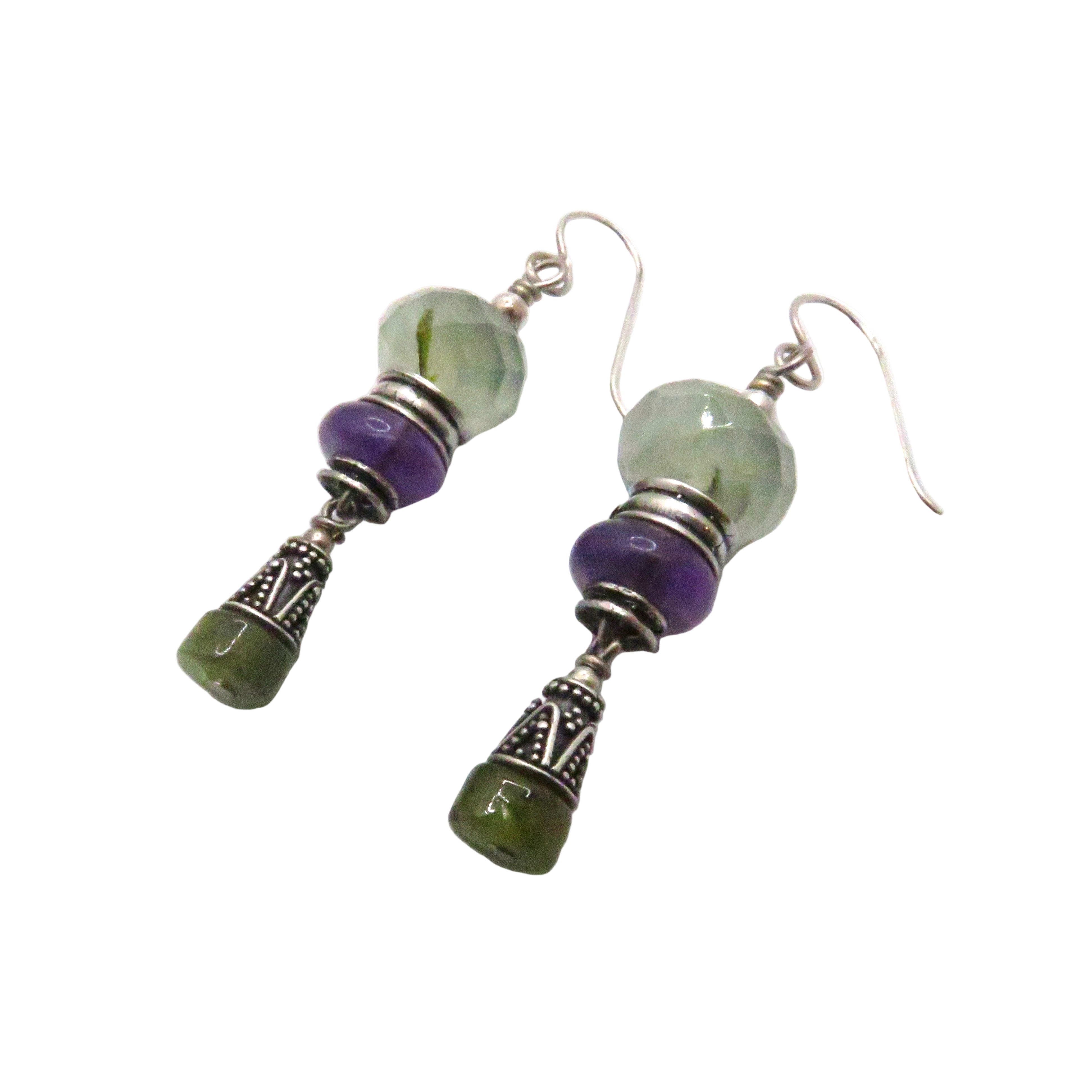 Green Quartz, Amethyst, and Peridot Silver Earrings