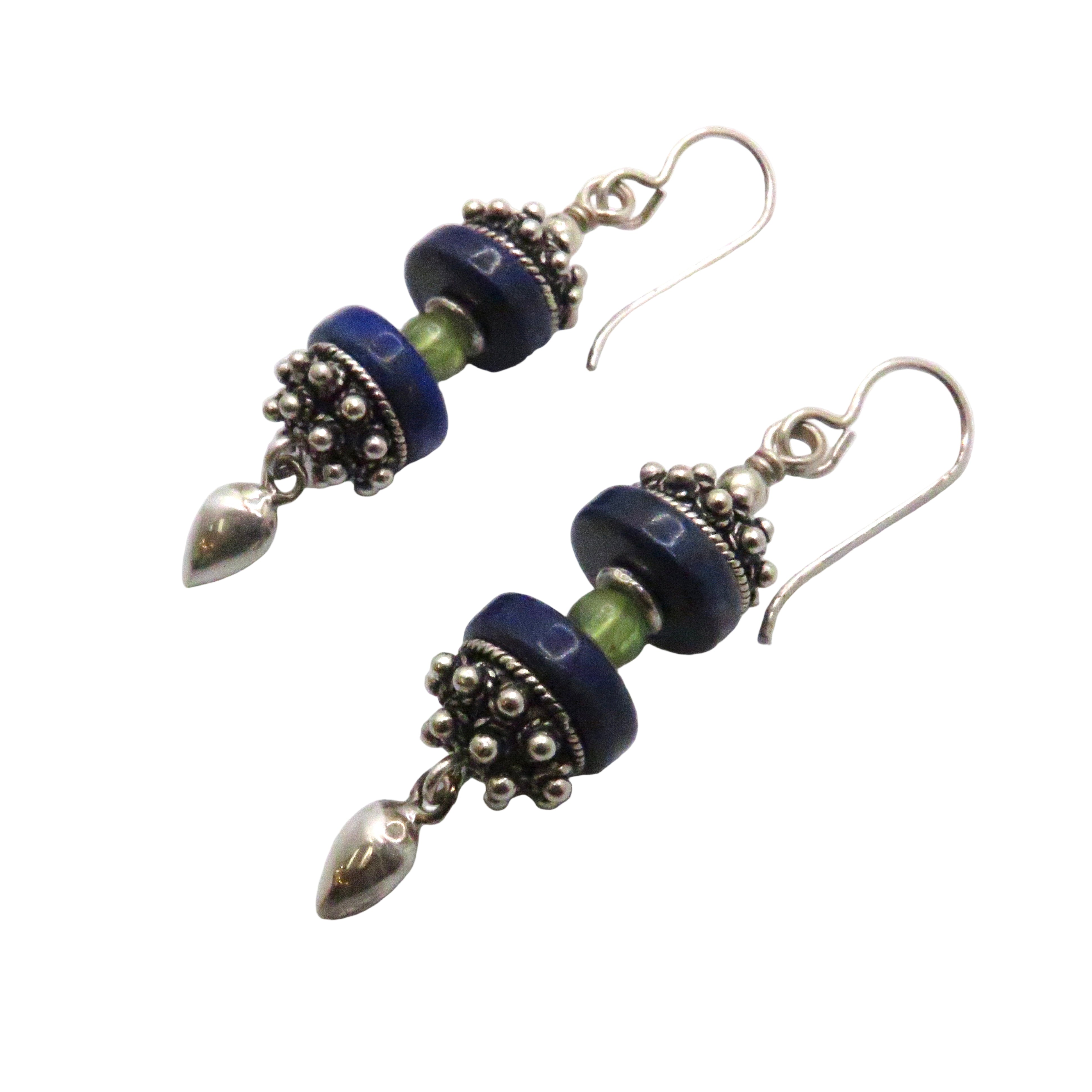 Double Lapis with Peridot Center Silver Cap Dangle Earrings