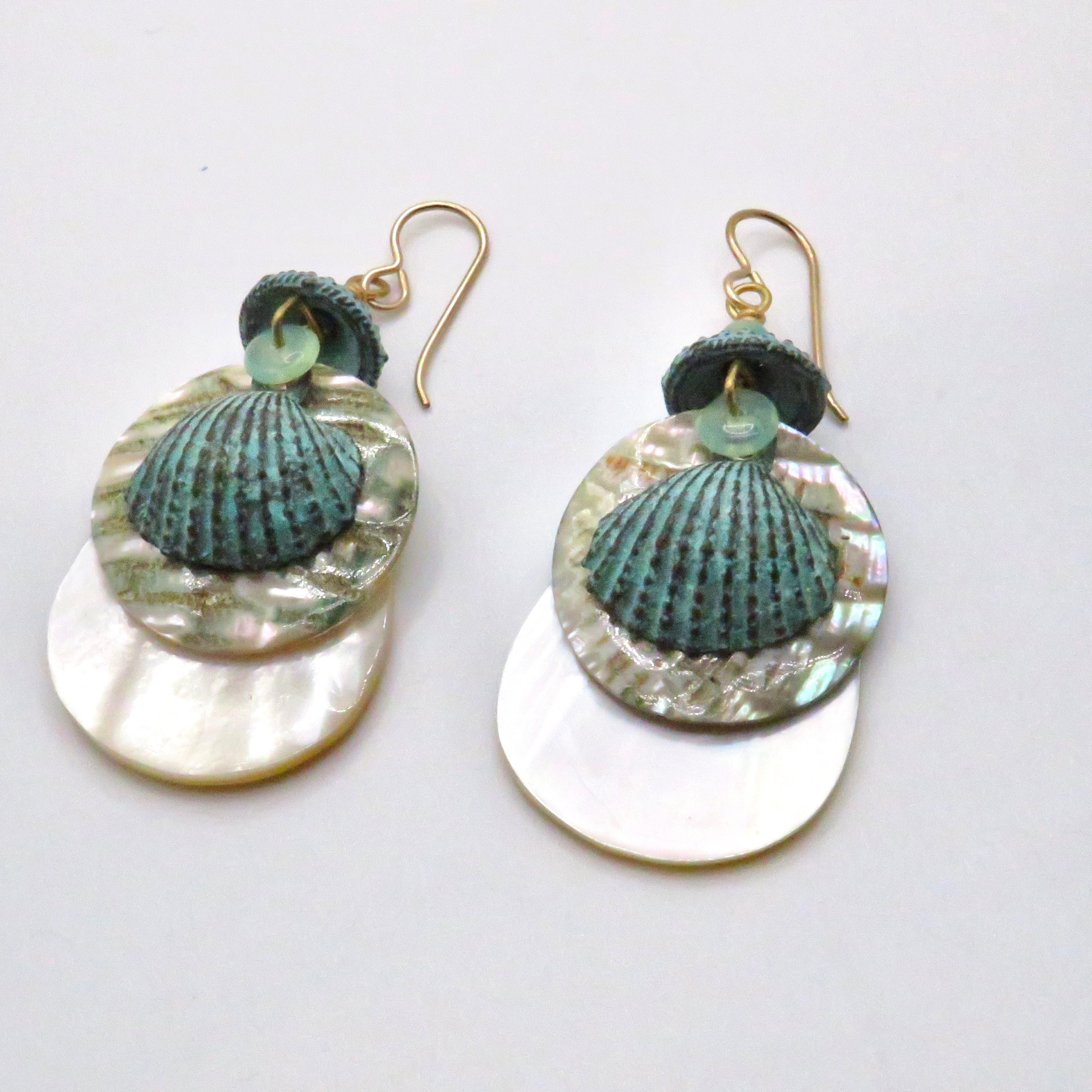 Mother of Pearl, Paua, and Patinaed Brass Shell Earrings