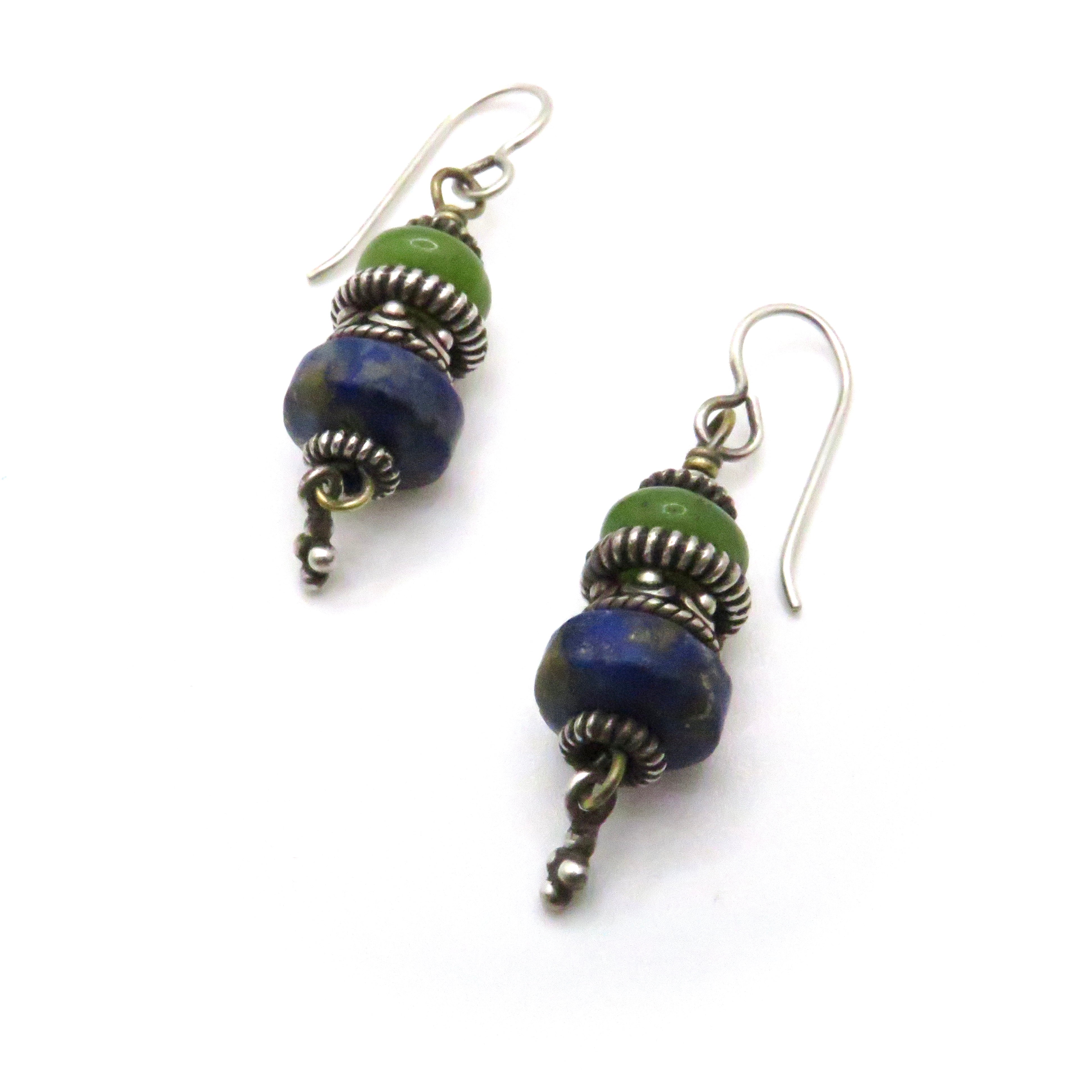 Serpentine and Lapis Silver Dangle Earrings