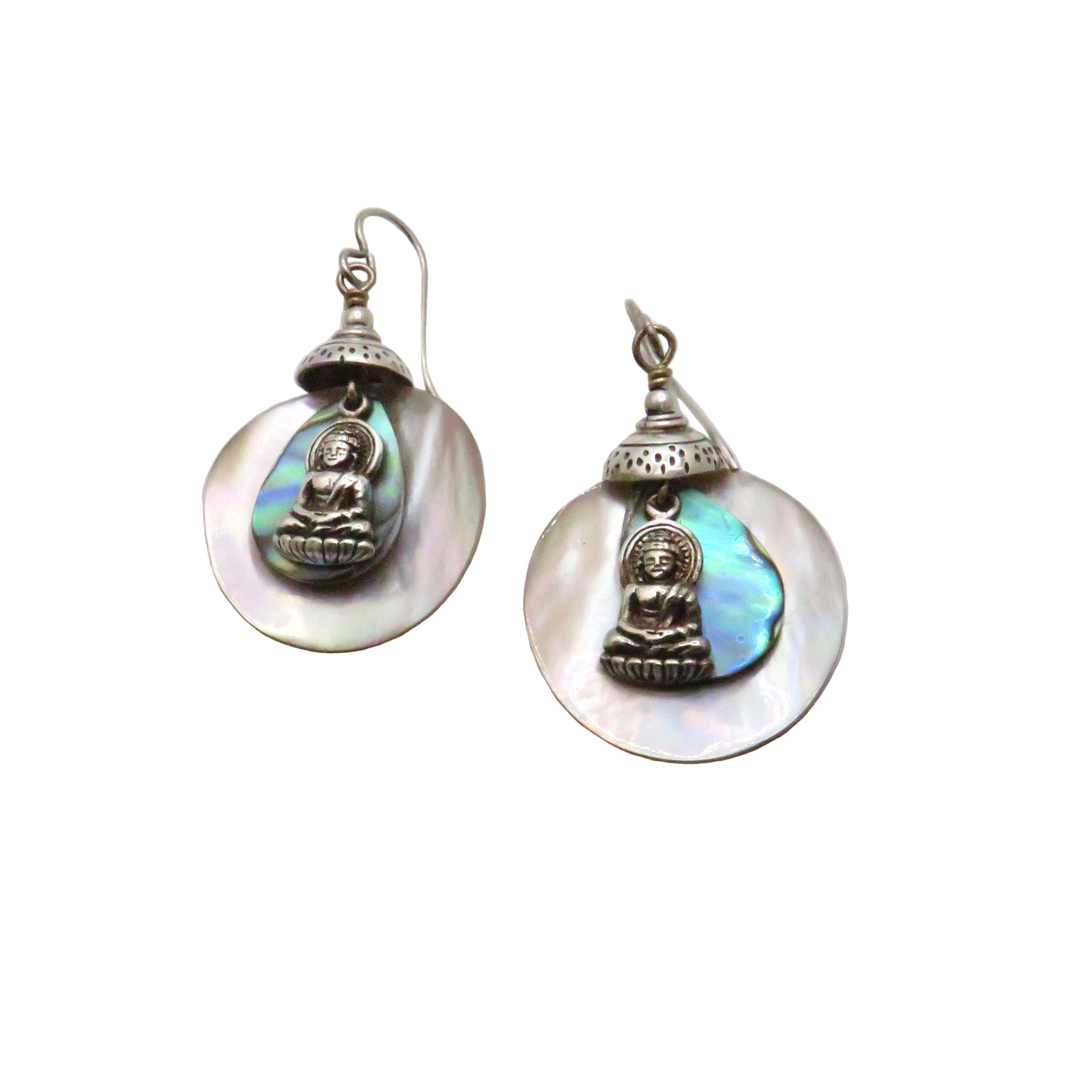 Sterling Silver Buddha, Paua, and Mother of Pearl Earrings