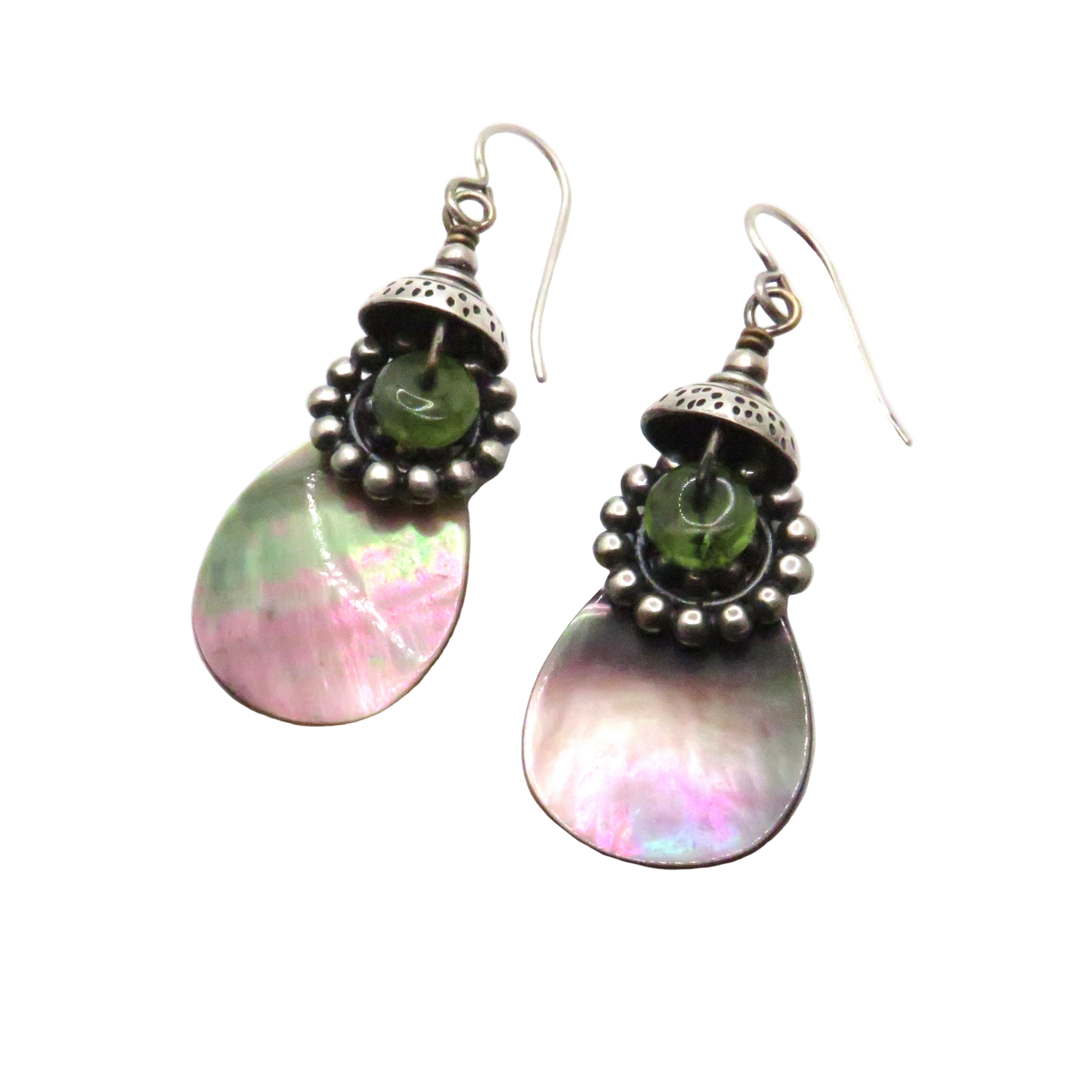 Sterling Silver, Mother of Pearl, and Peridot Earrings