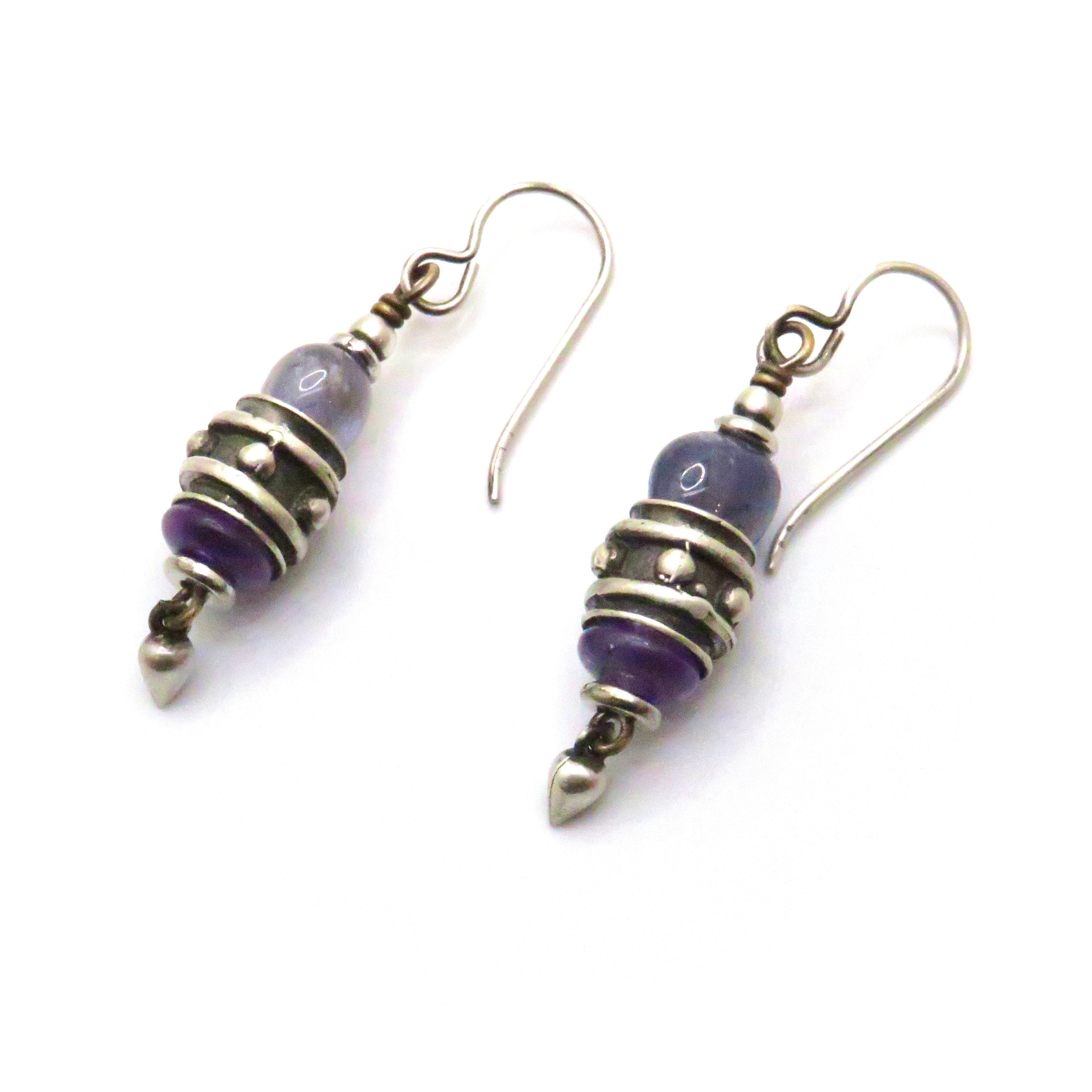 Iolite Top, Sterling Silver, and Amethyst Small Dangle Earrings