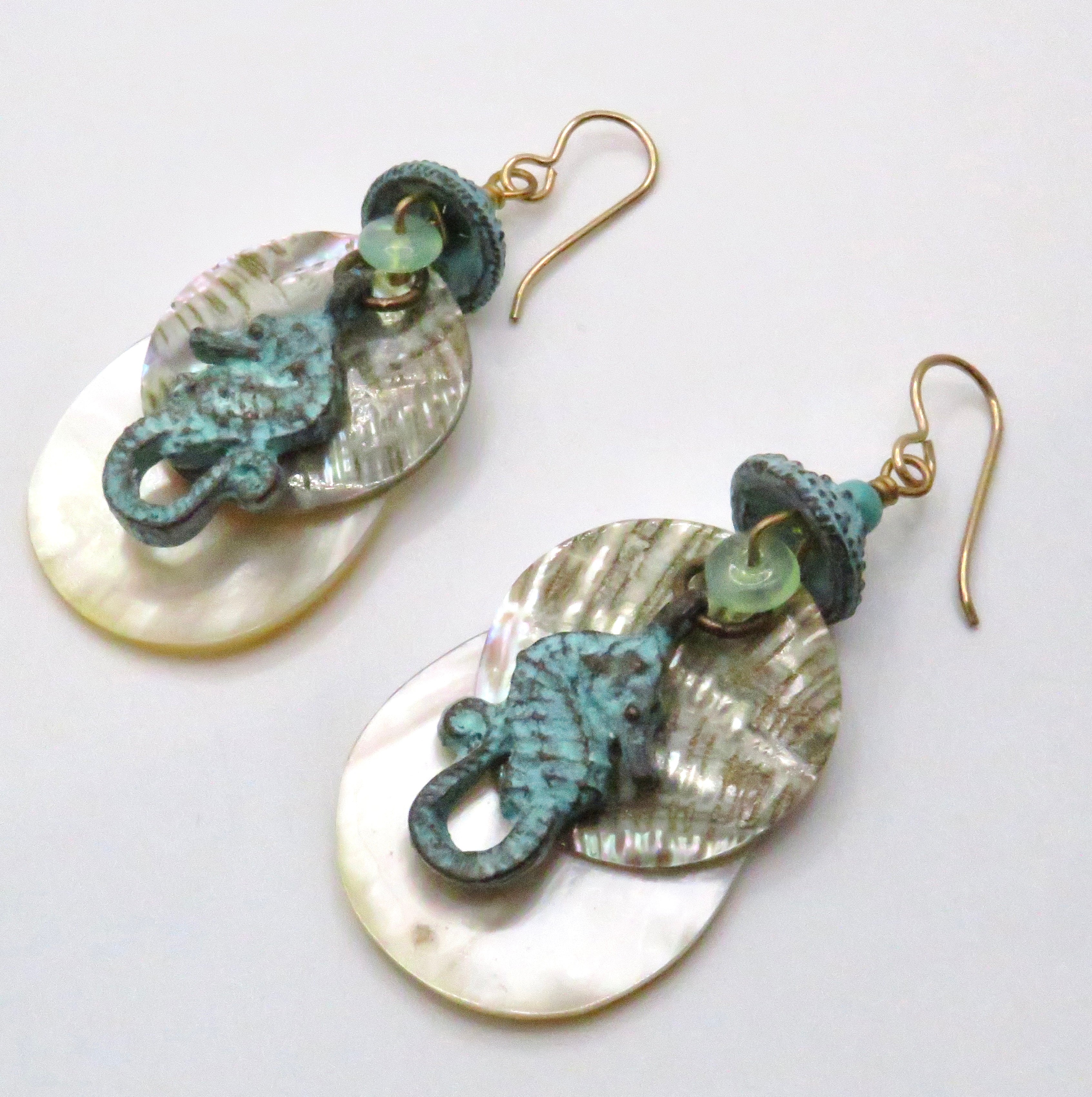 Patinaed Seahorse, Paua, and Mother of Pearl Earrings