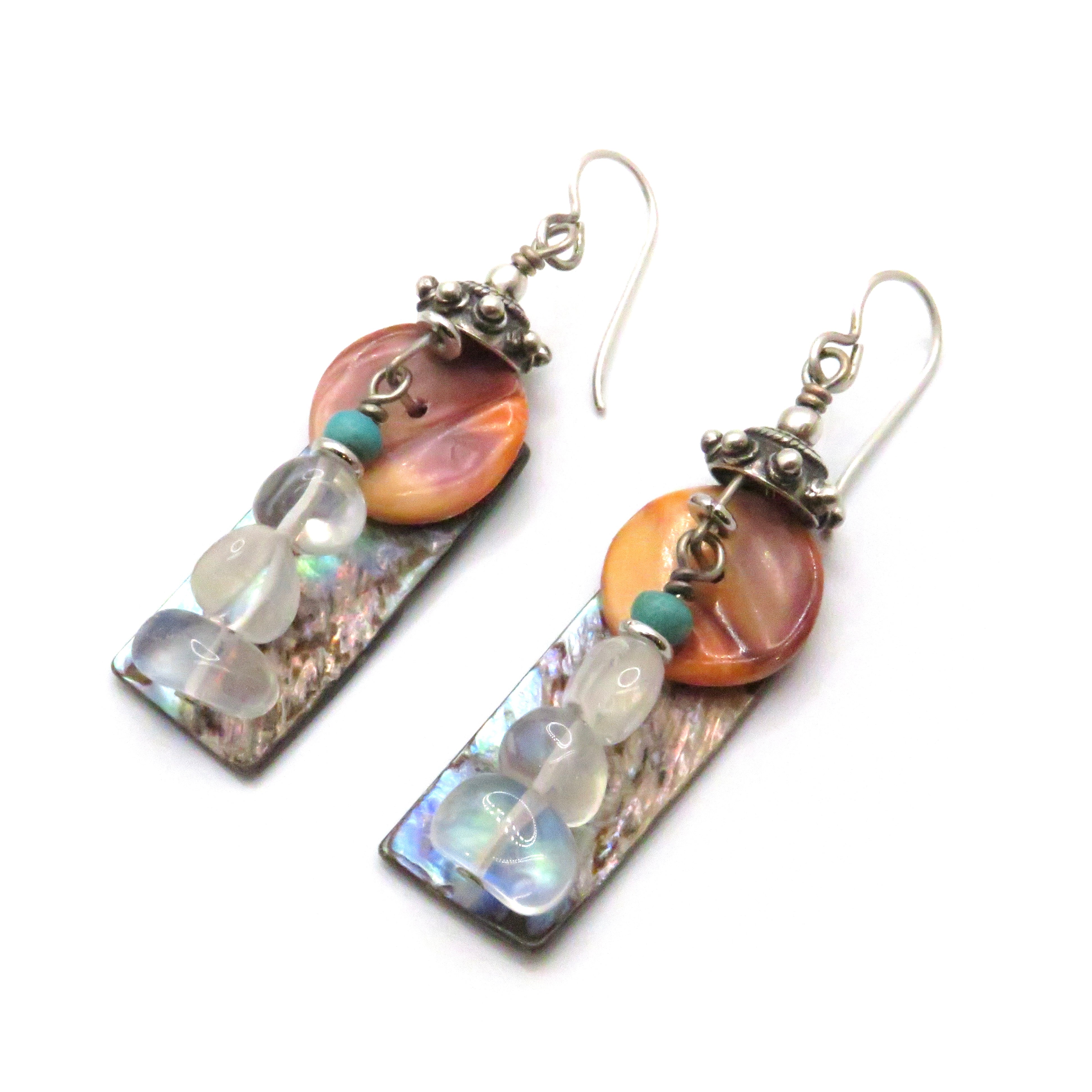 Paua, Spiney Oyster, Moonstone, and Sterling Silver Cap Earrings