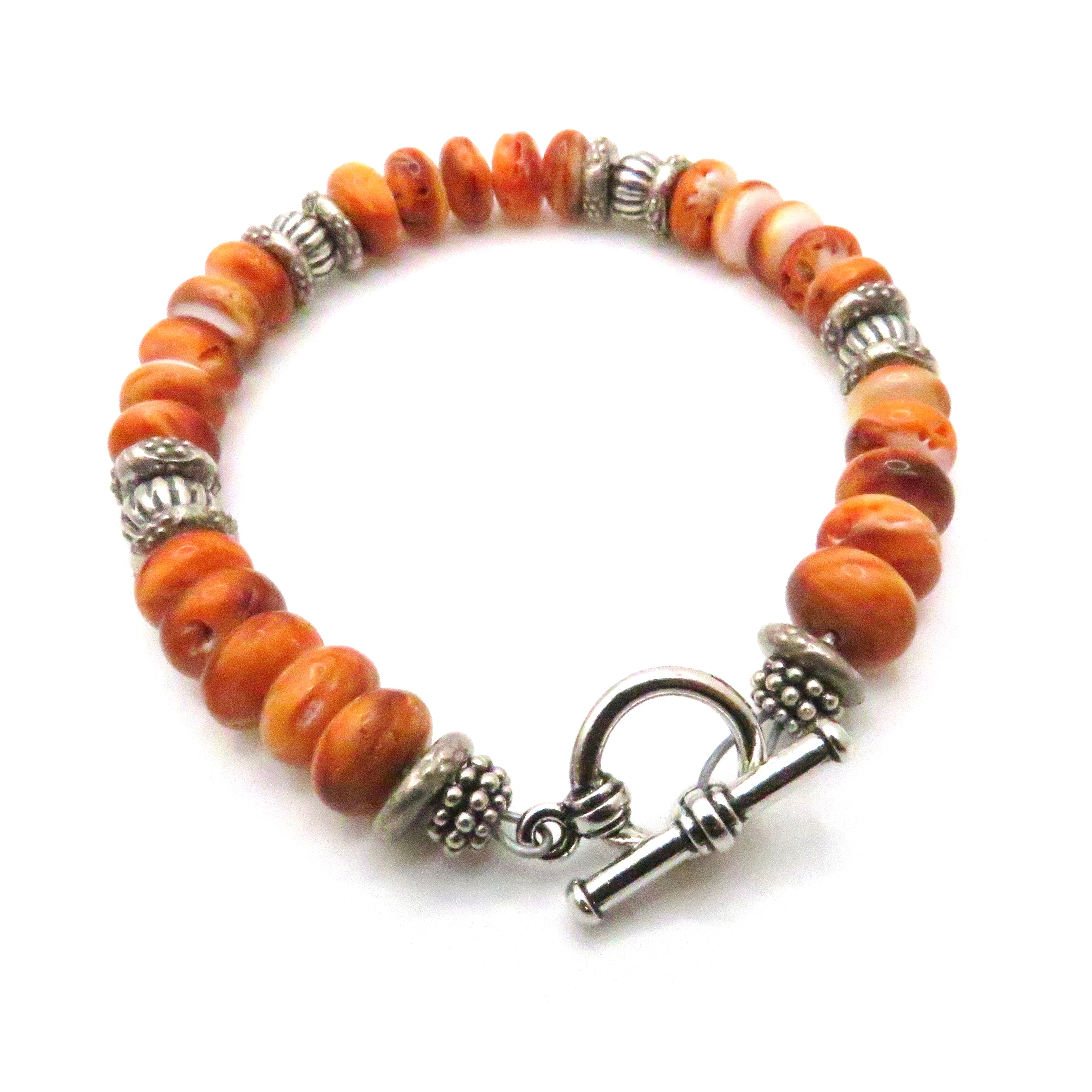 Sterling Silver and Orange Spiny Oyster Bracelet