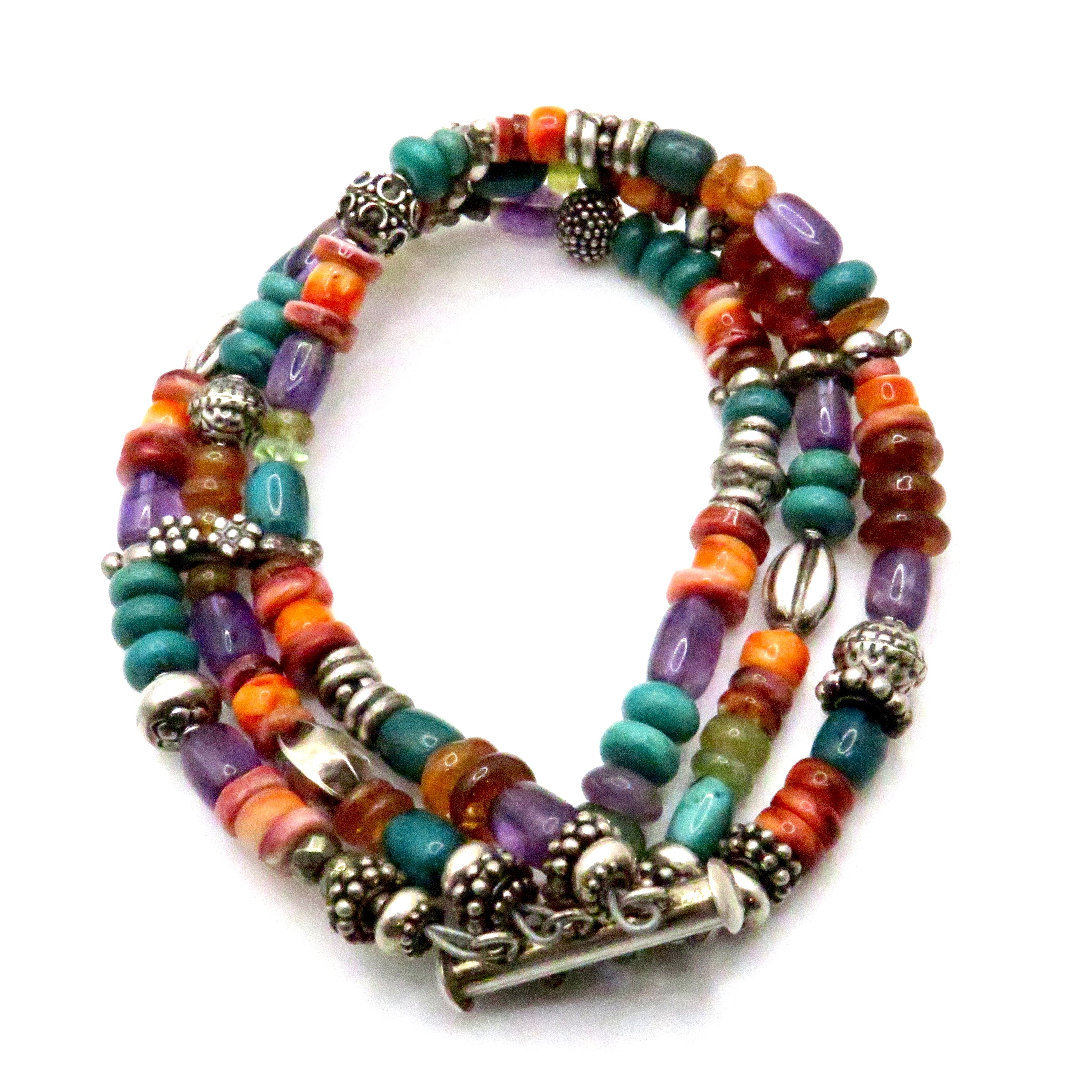 Three Strand Turquoise, Amethyst, Spiny Oyster, and Hessonite Garnet Bracelet