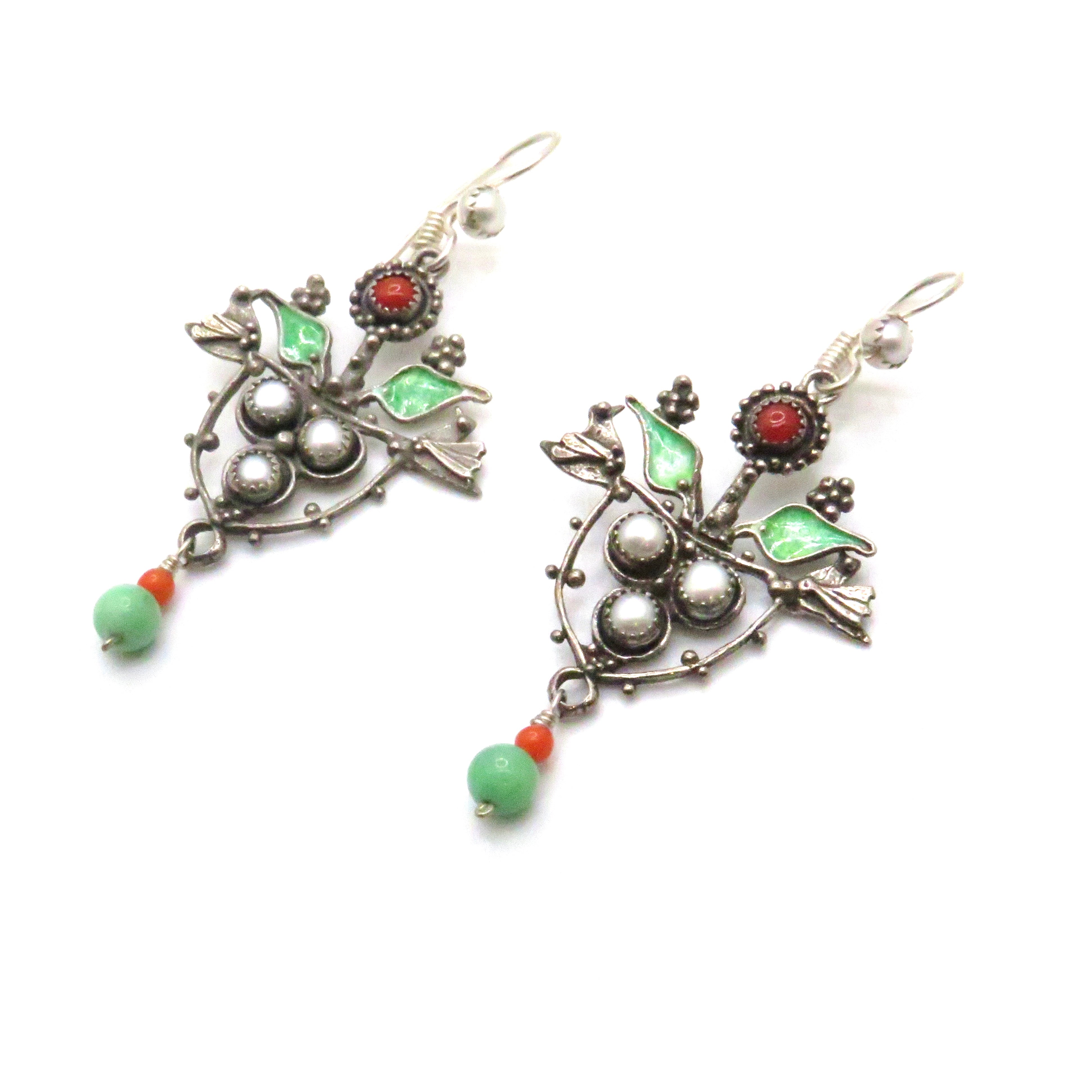 Triple Pearl, Coral, and Turquoise U-Shaped Silver Earrings