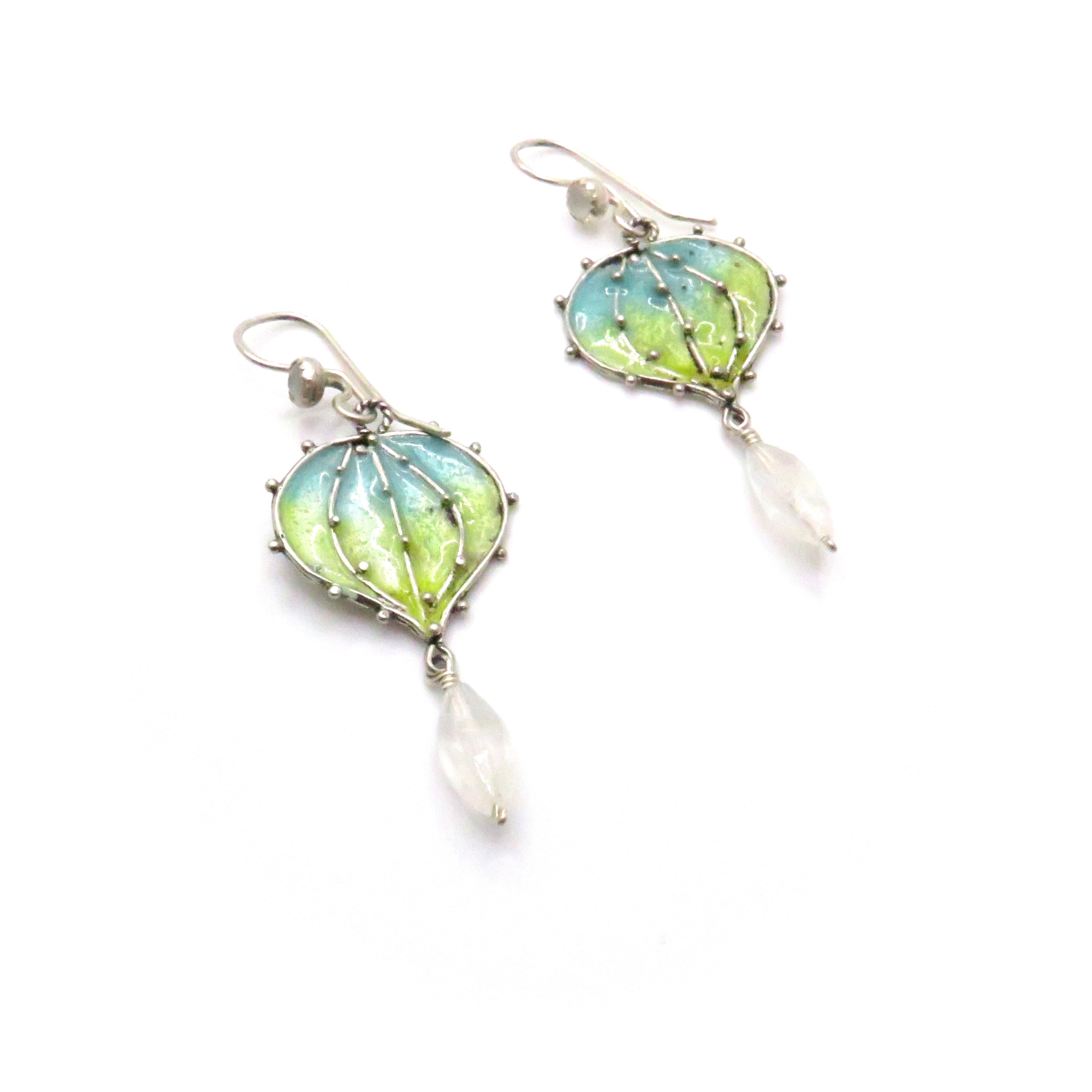 Enamel Cactus Rainbow Moonstone Drop Earrings