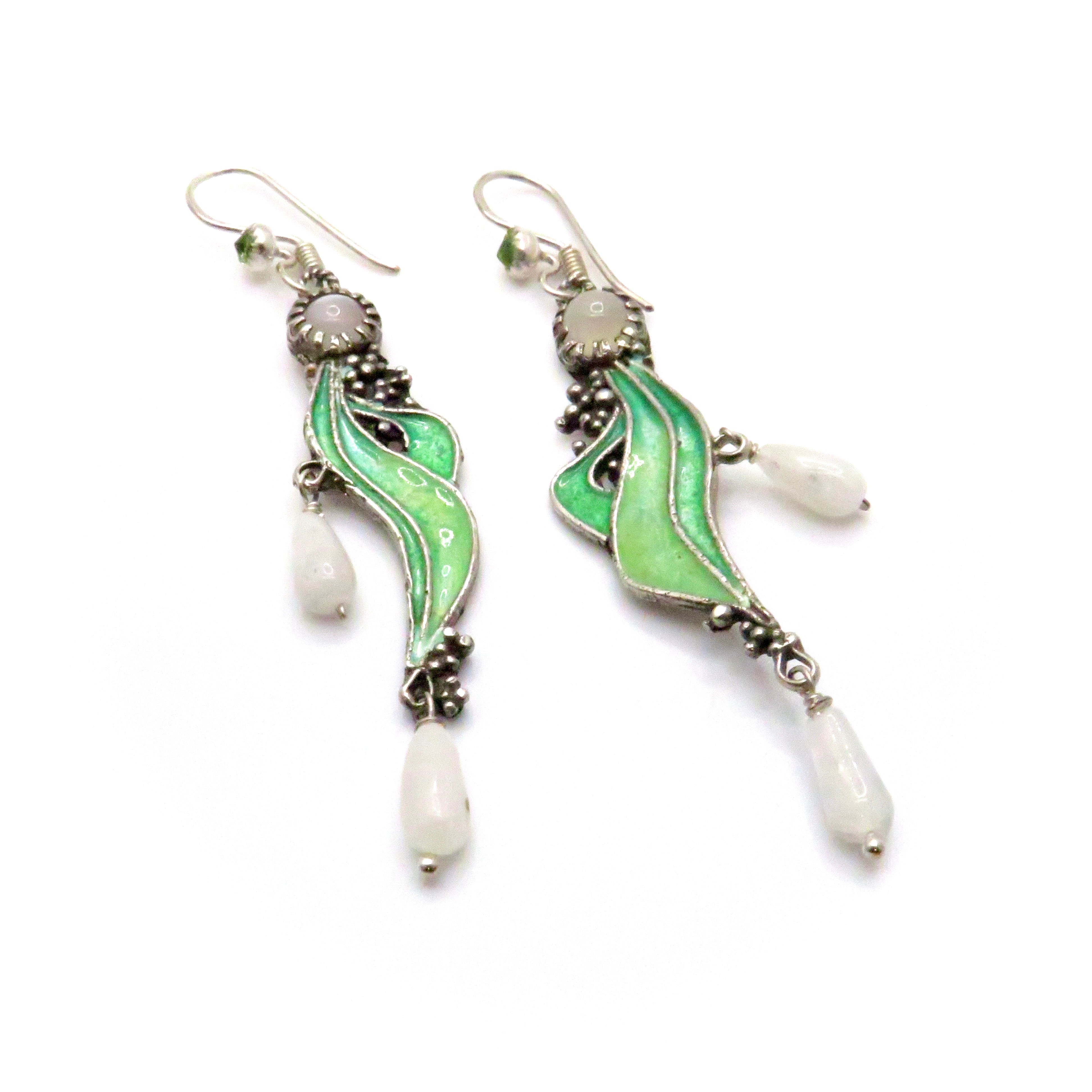 Moonstone Curved Enamel Leaf Earrings