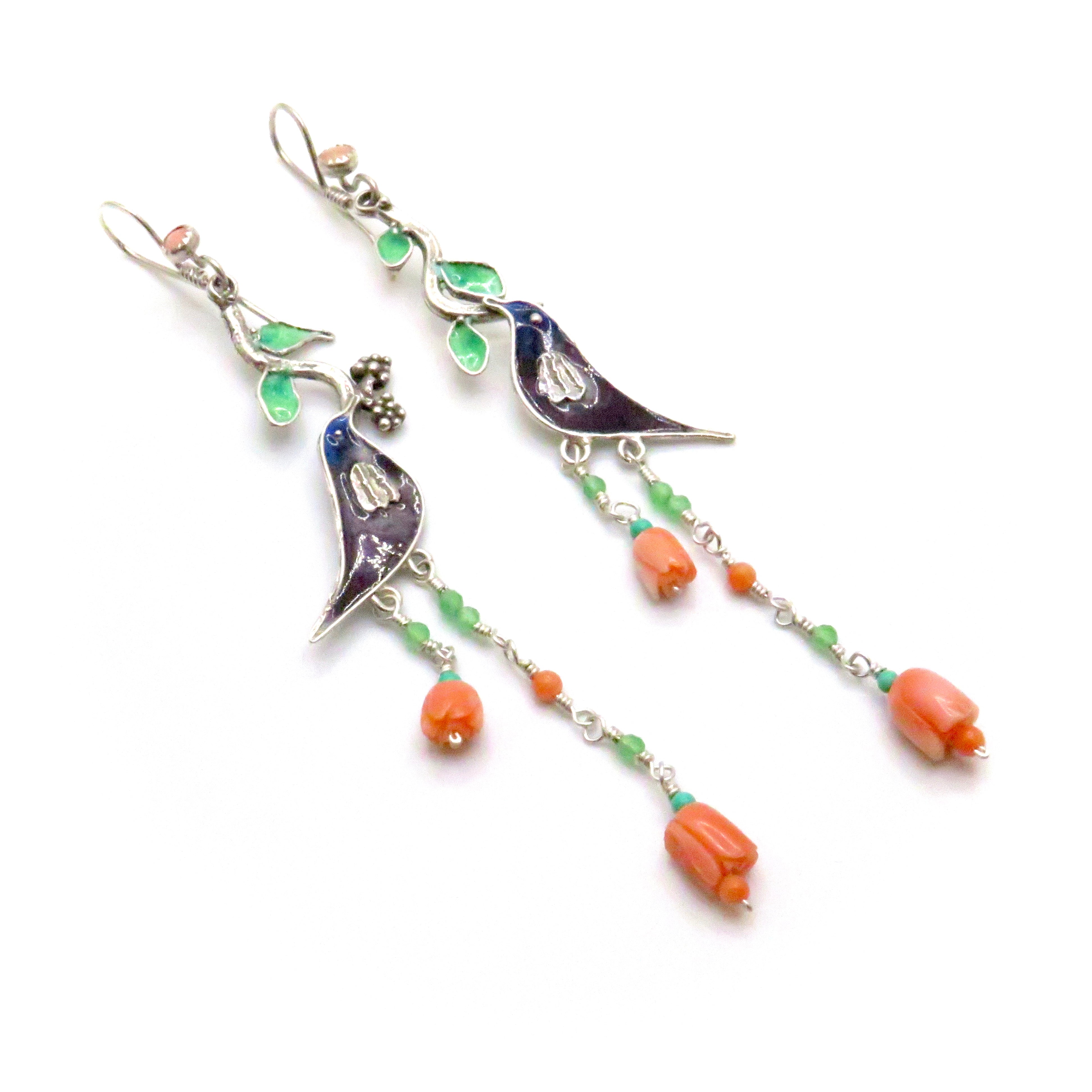 Coral and Peridot Bird Dangle Earrings
