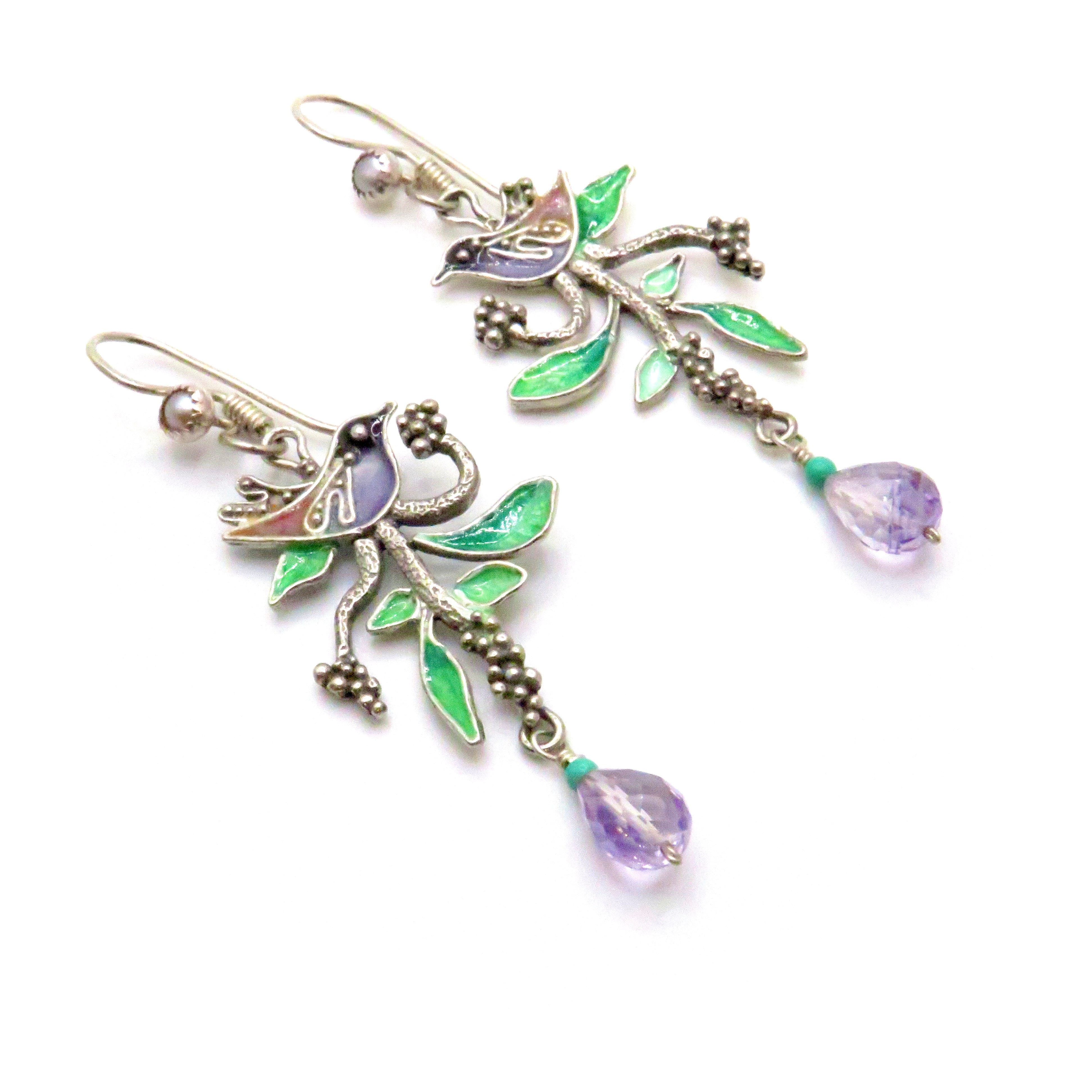 Amethyst and Pearl Bird and Leaves Earrings