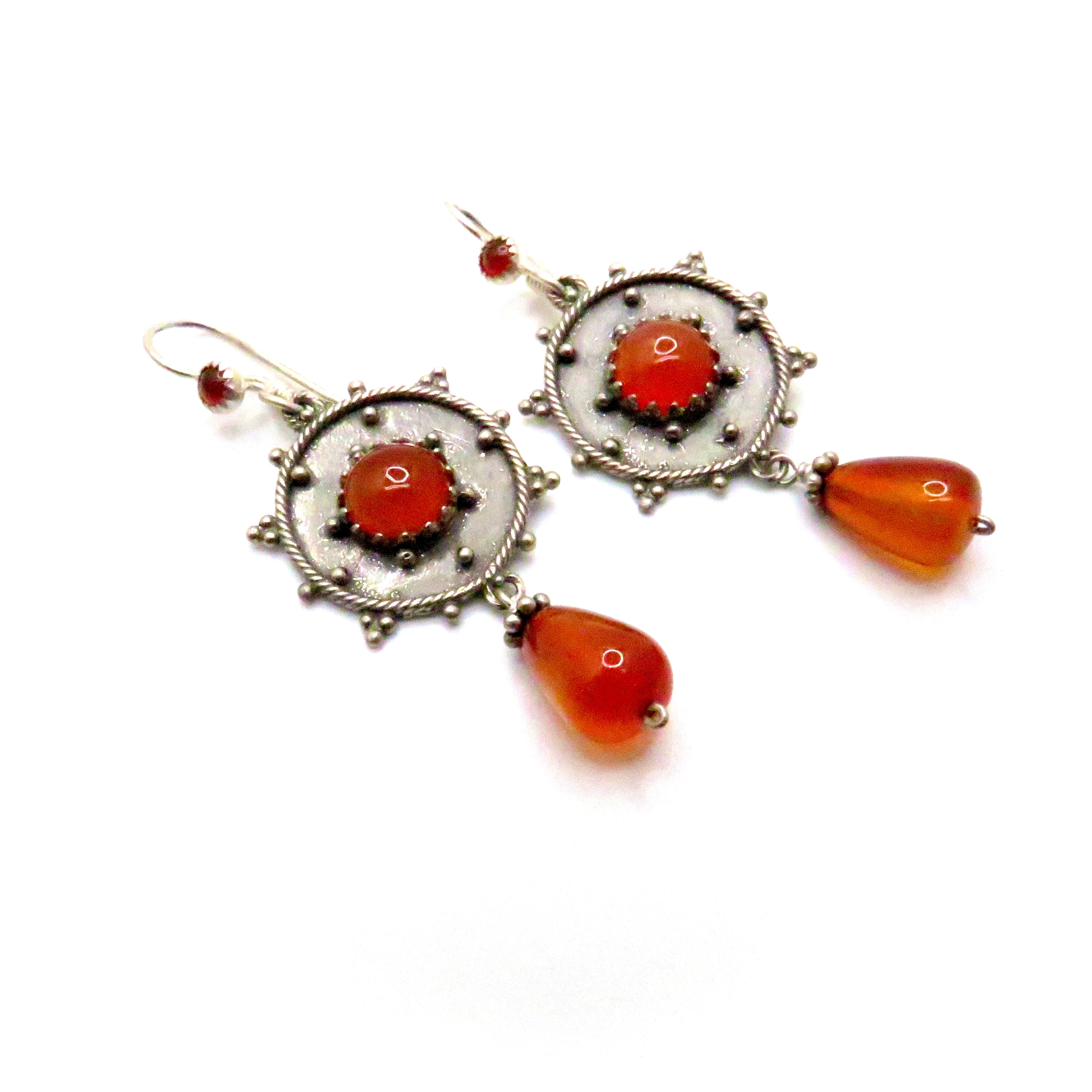 Silver Disc and Carnelian Drop Earrings