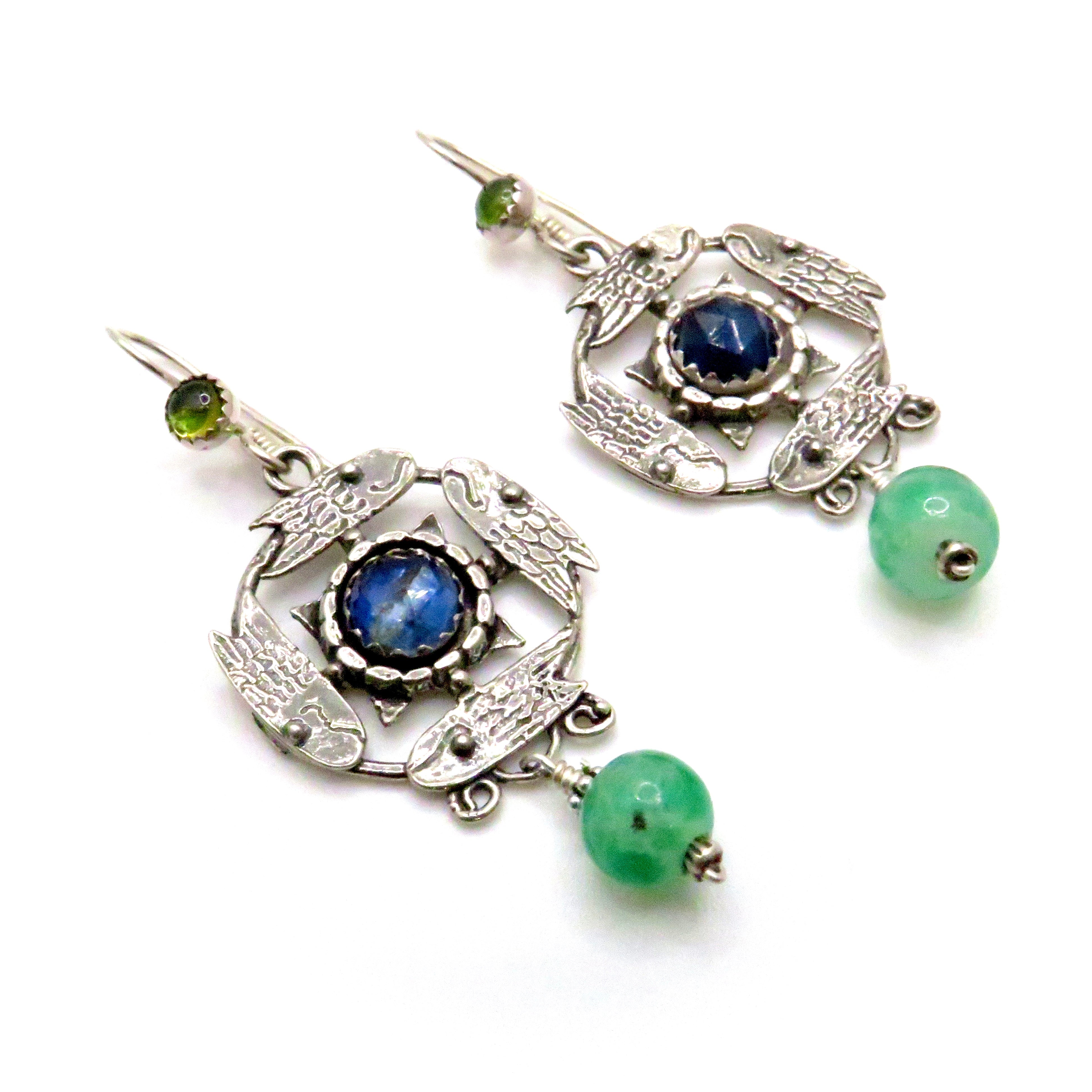 Kyanite and Pekin Glass Silver Fish Circle Earrings