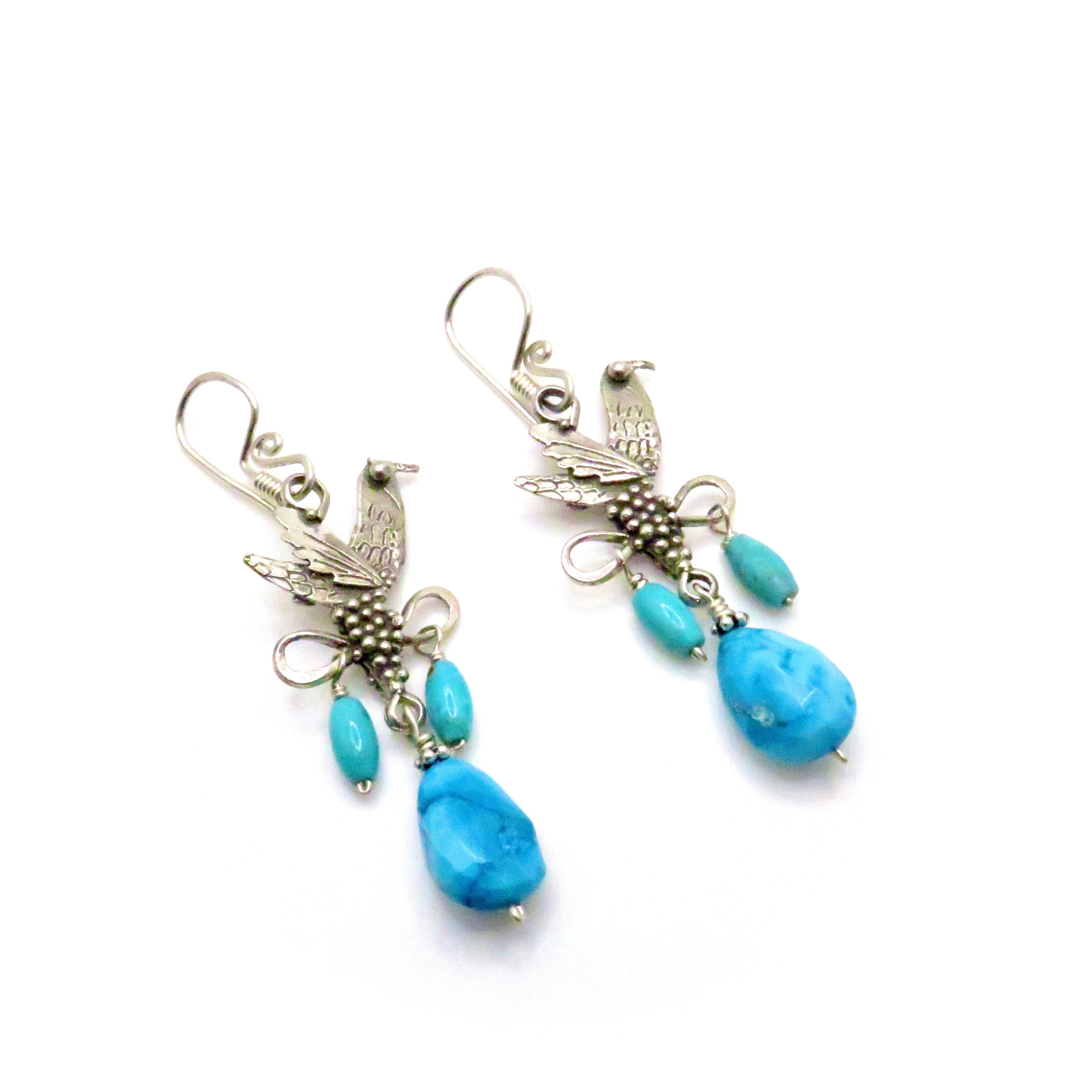 Sterling Silver Bird and Turquoise Drop Earrings