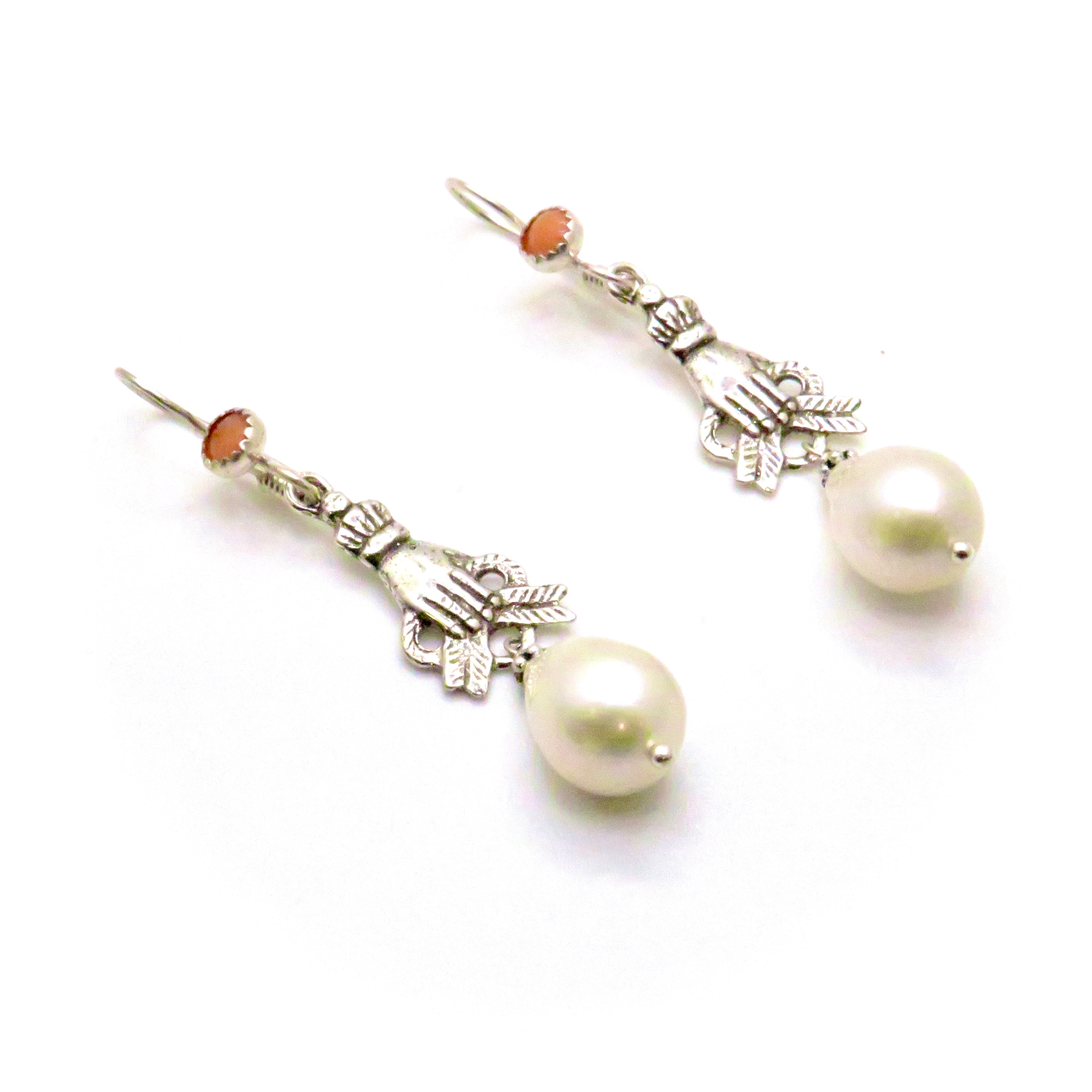 Coral and Pearl Drop Sterling Silver Hand Earrings