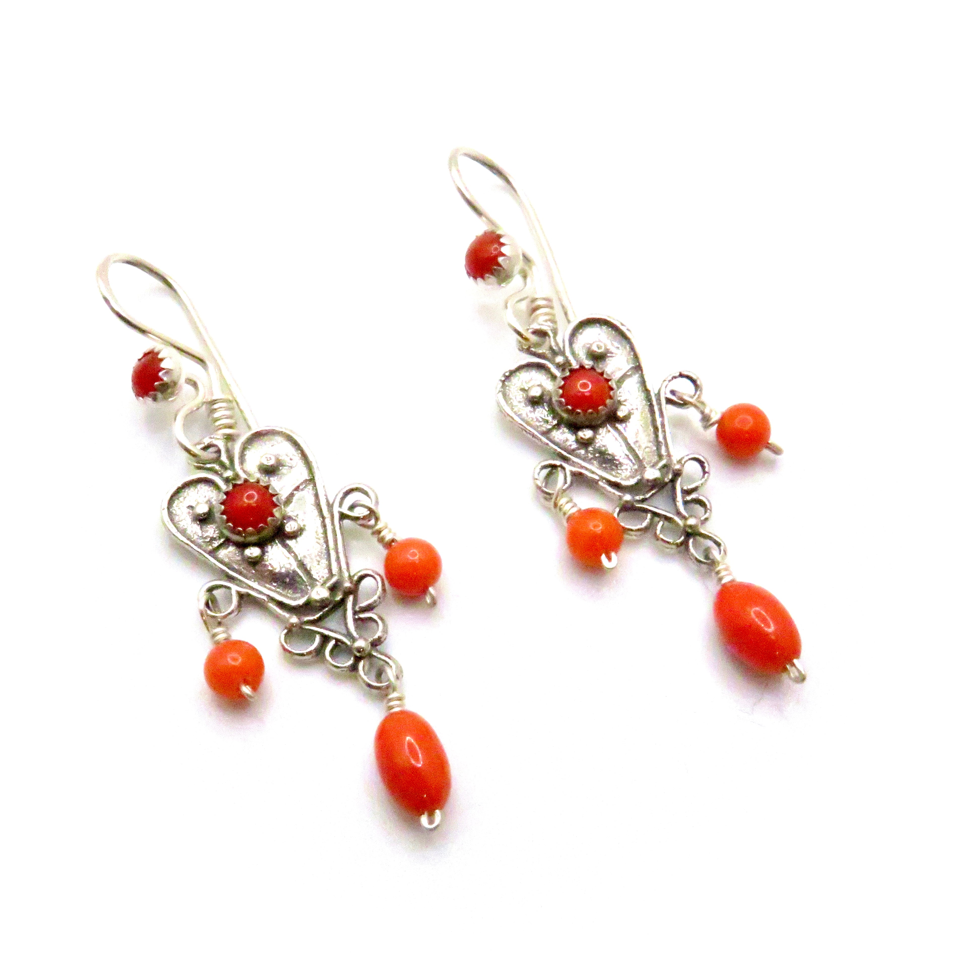 Dangling Coral and Sterling Silver Heart Earrings