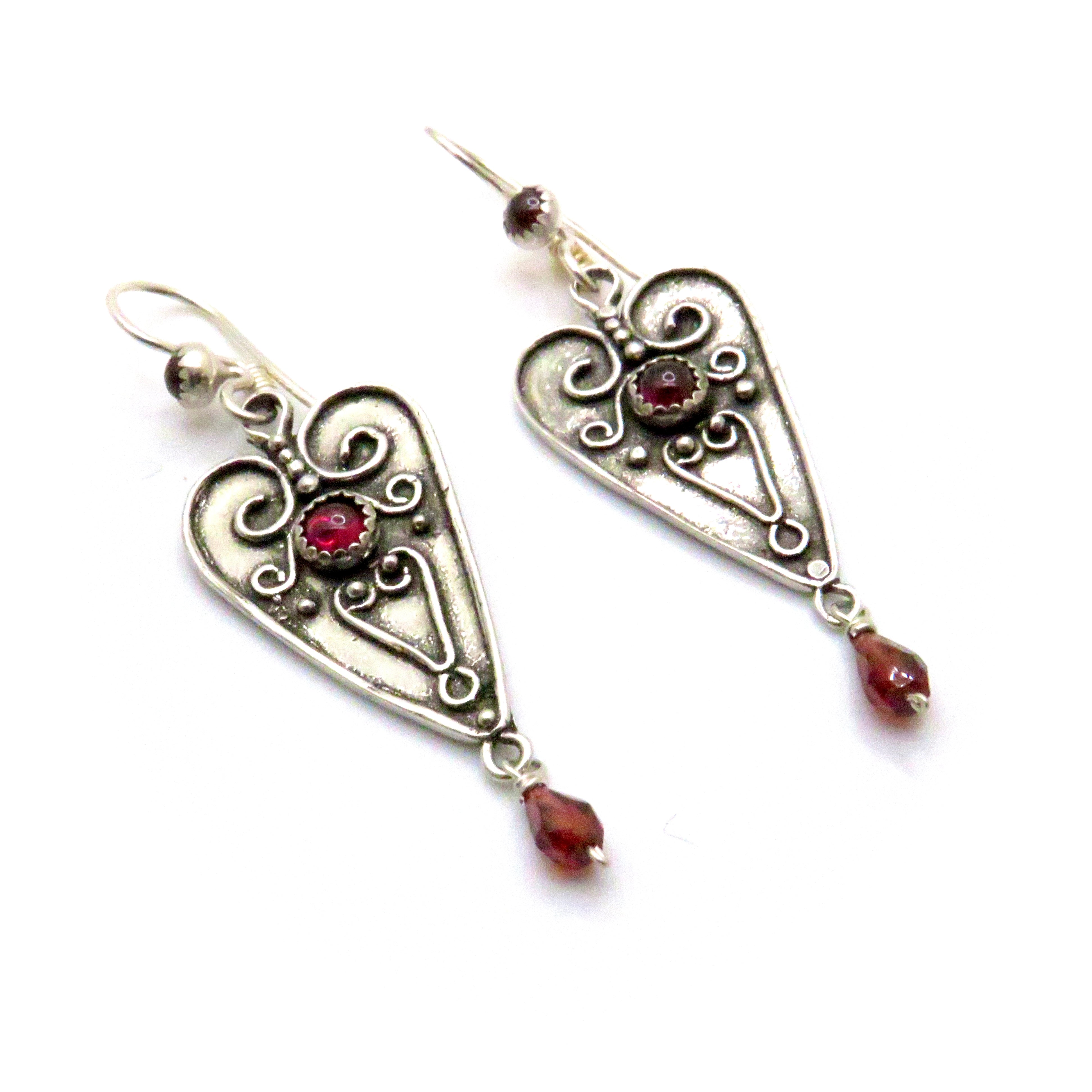 Garnet and Sterling Silver Heart Earrings